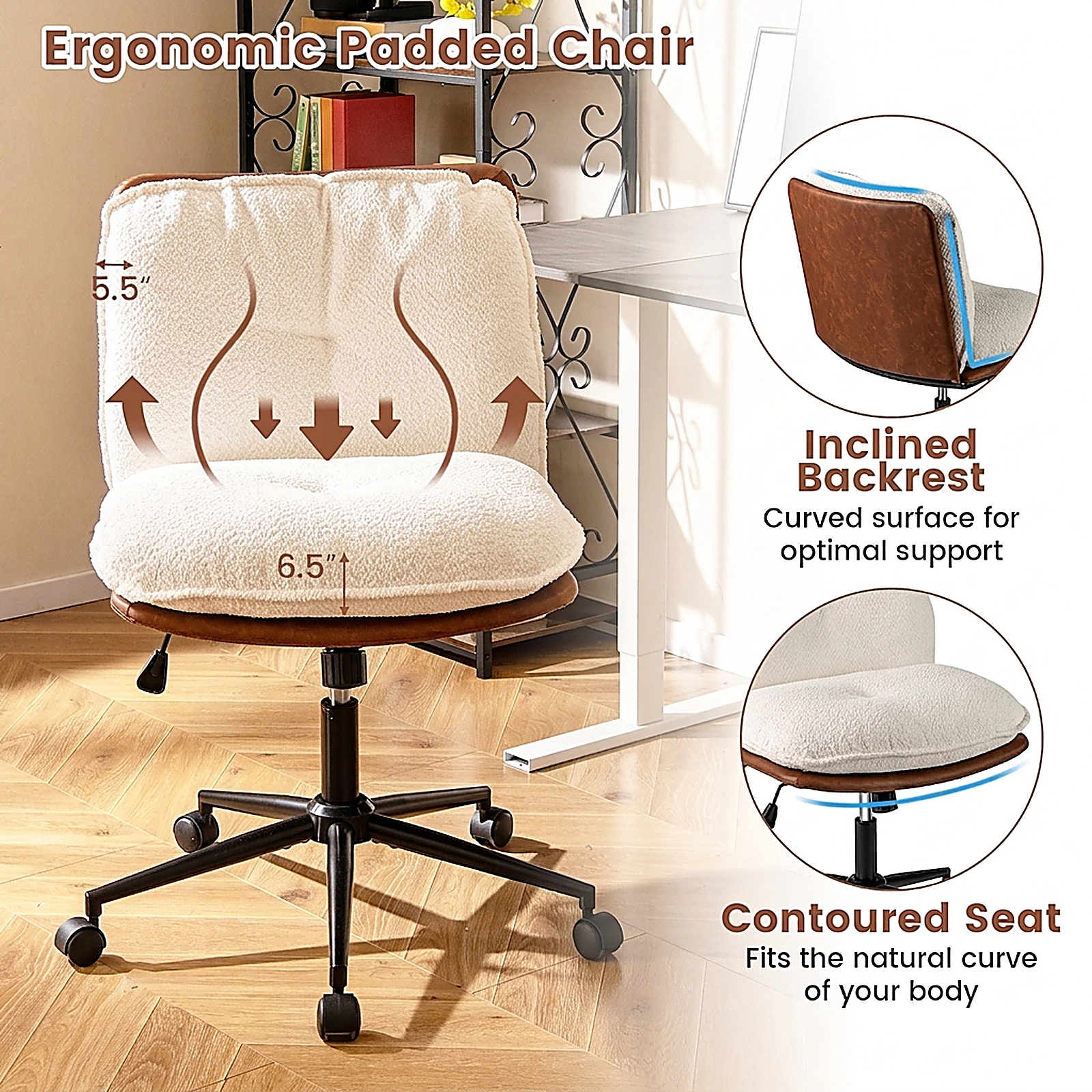 SUGIFT 330-lb Capacity Brown and White Boucle PU Leather Armless Rocking Swivel Desk Chair with Gas Lift
