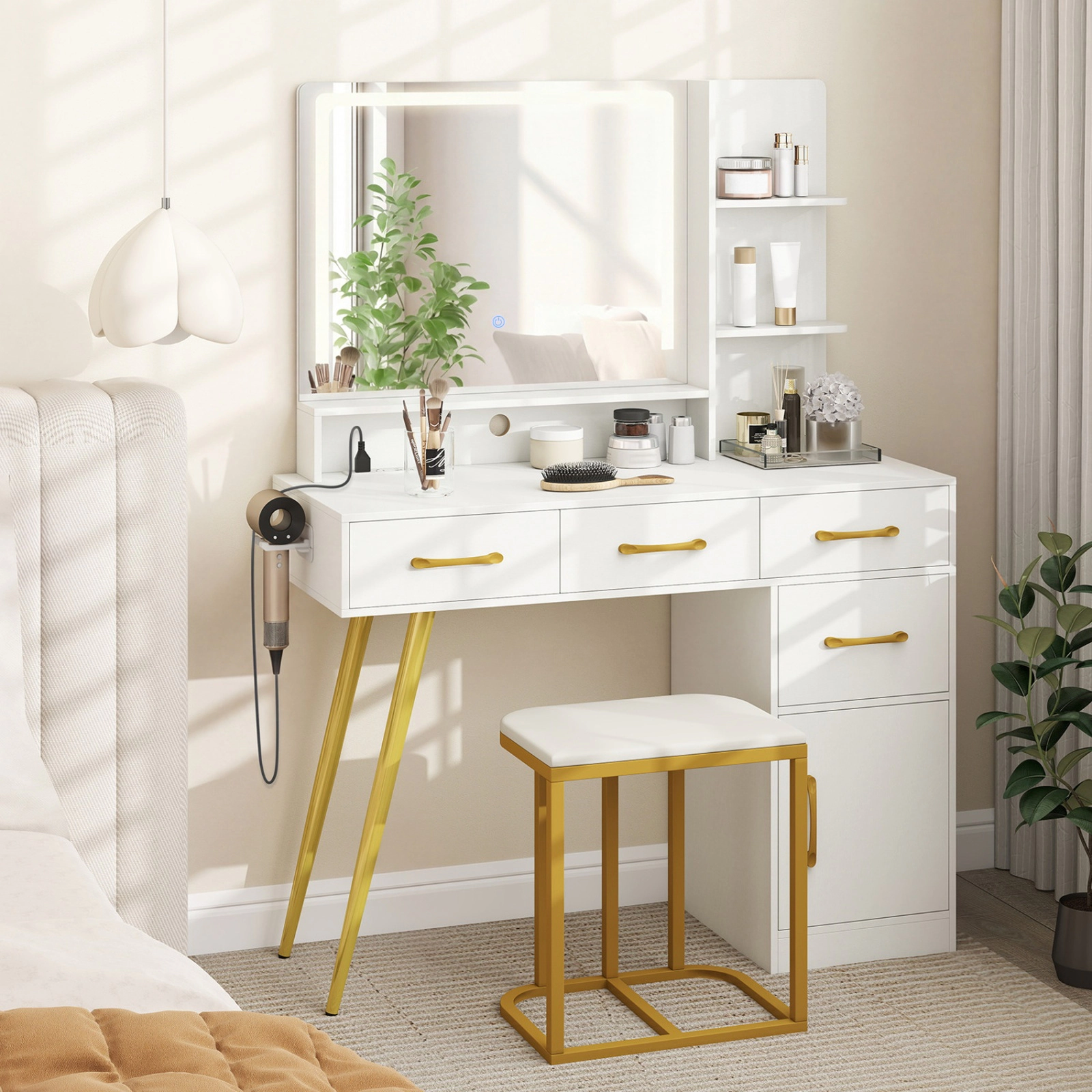 SUGIFT LED Lighted Vanity Set Mirror & Adjustable Brightness Table 88-lb Tabletop Capacity 330-lb Stool Capacity White