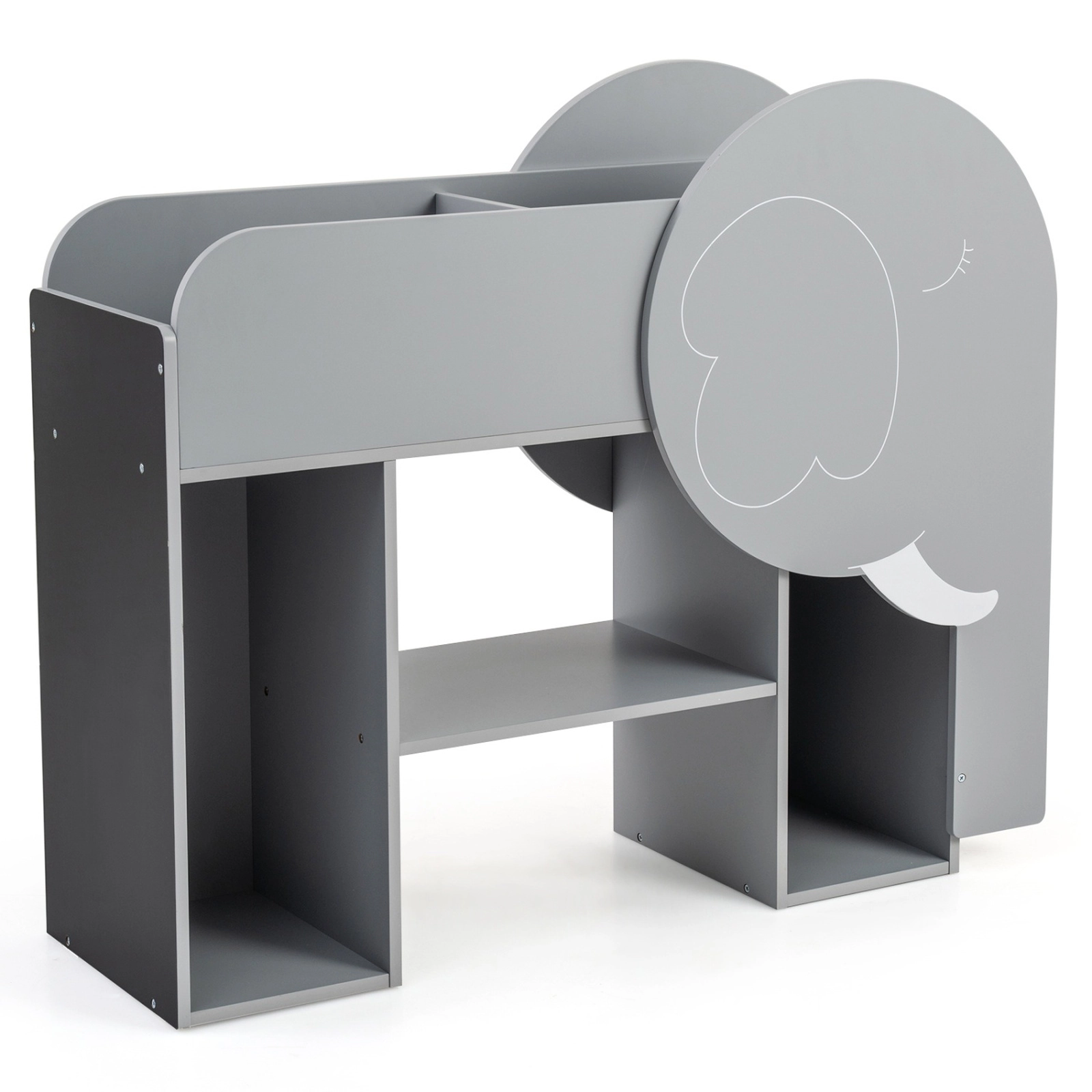 SUGIFT Gray 22-lb Shelf Elephant-Shaped Montessori 3-Tier Kids Bookshelf Toy Storage Organizer with Abacus