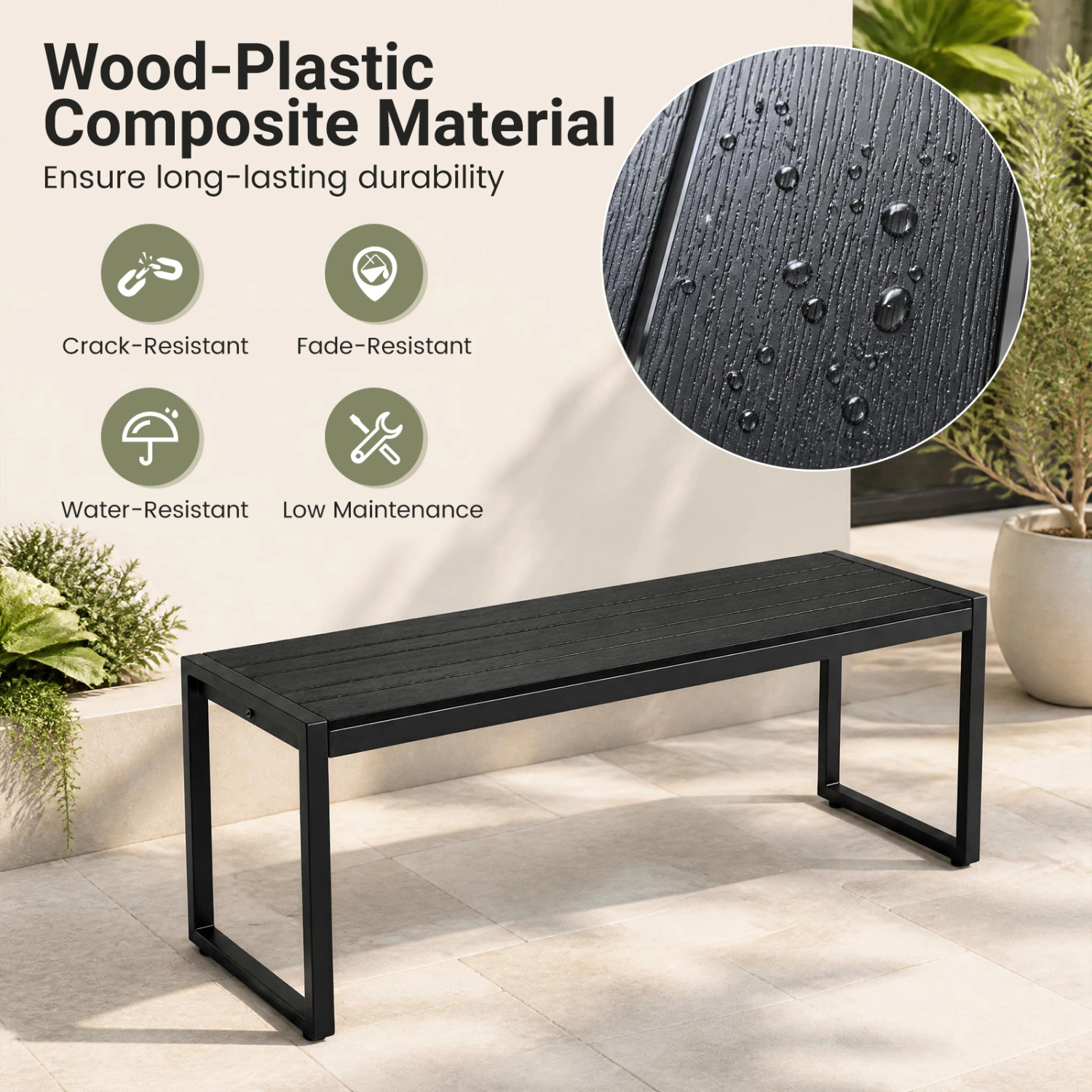 LJG 48" Outdoor Bench with Wood-Plastic Composite and Metal Frame Slatted Sea for Garden