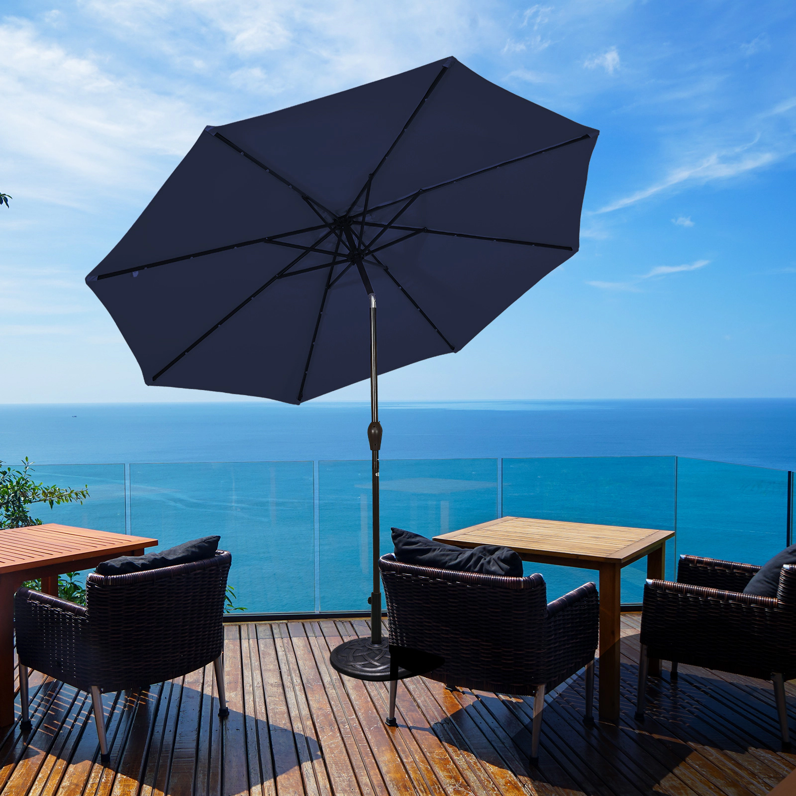 SUGIFT 9-ft Dark Blue Solar LED Market Patio Umbrella, Crank Lift and Push-Button Tilt