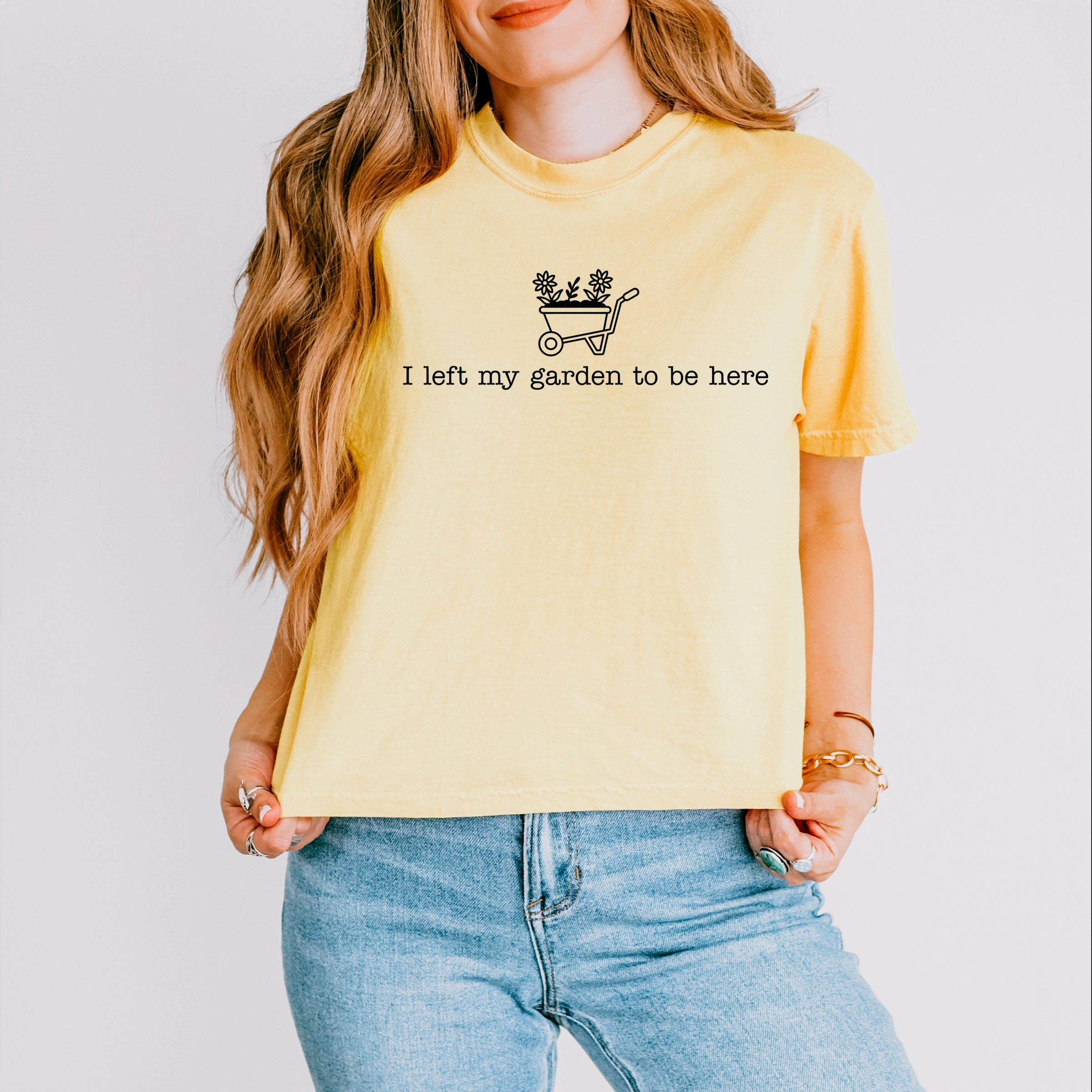 Simply Sage Market - I Left My Garden To Be Here Wheelbarrow Women's Boxy Crop Top Graphic T-Shirt