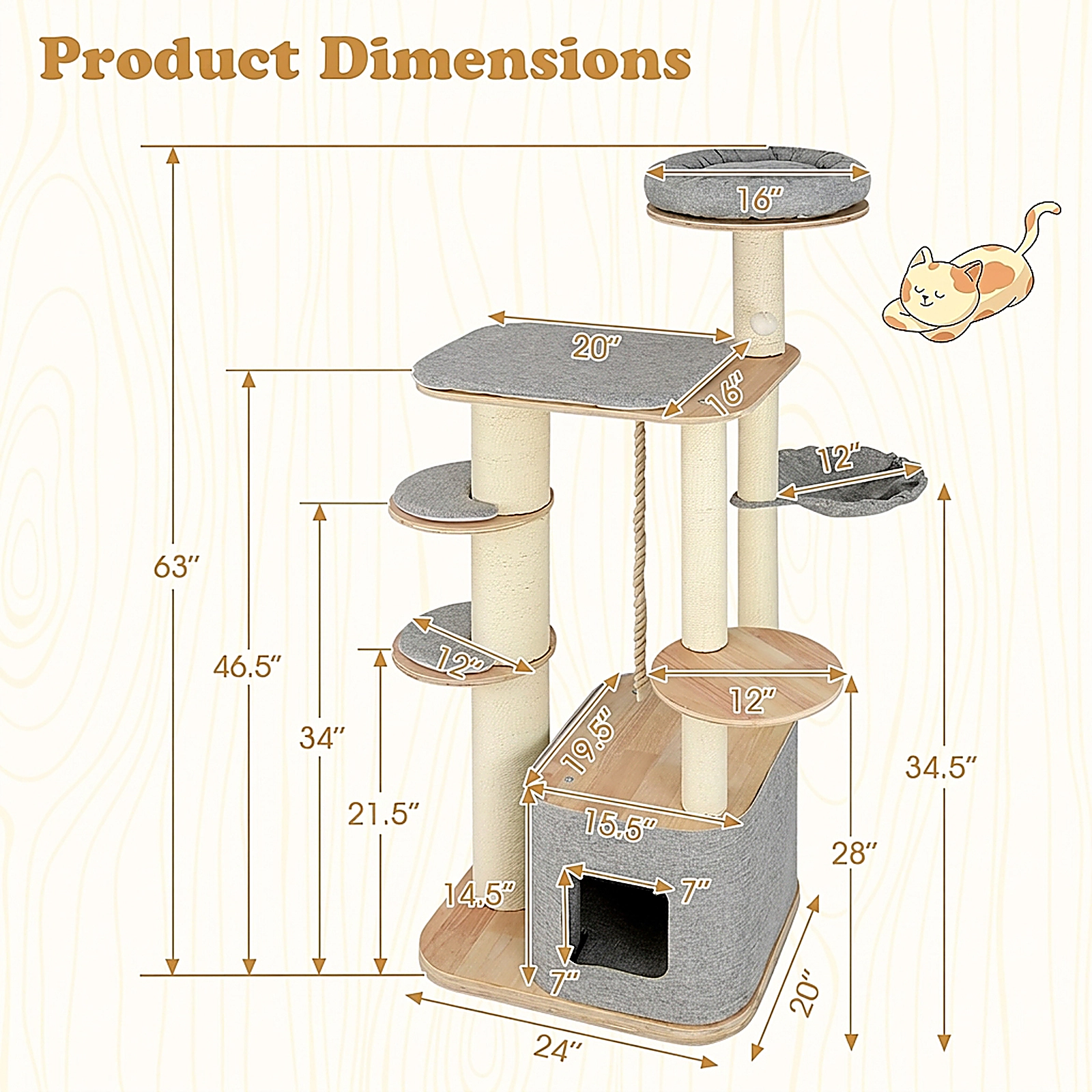 SUGIFT 63-in Tall Modern Wooden Cat Tree Tower with Condo Hammock Perches 33-lb Capacity Each Layer Natural+Gray