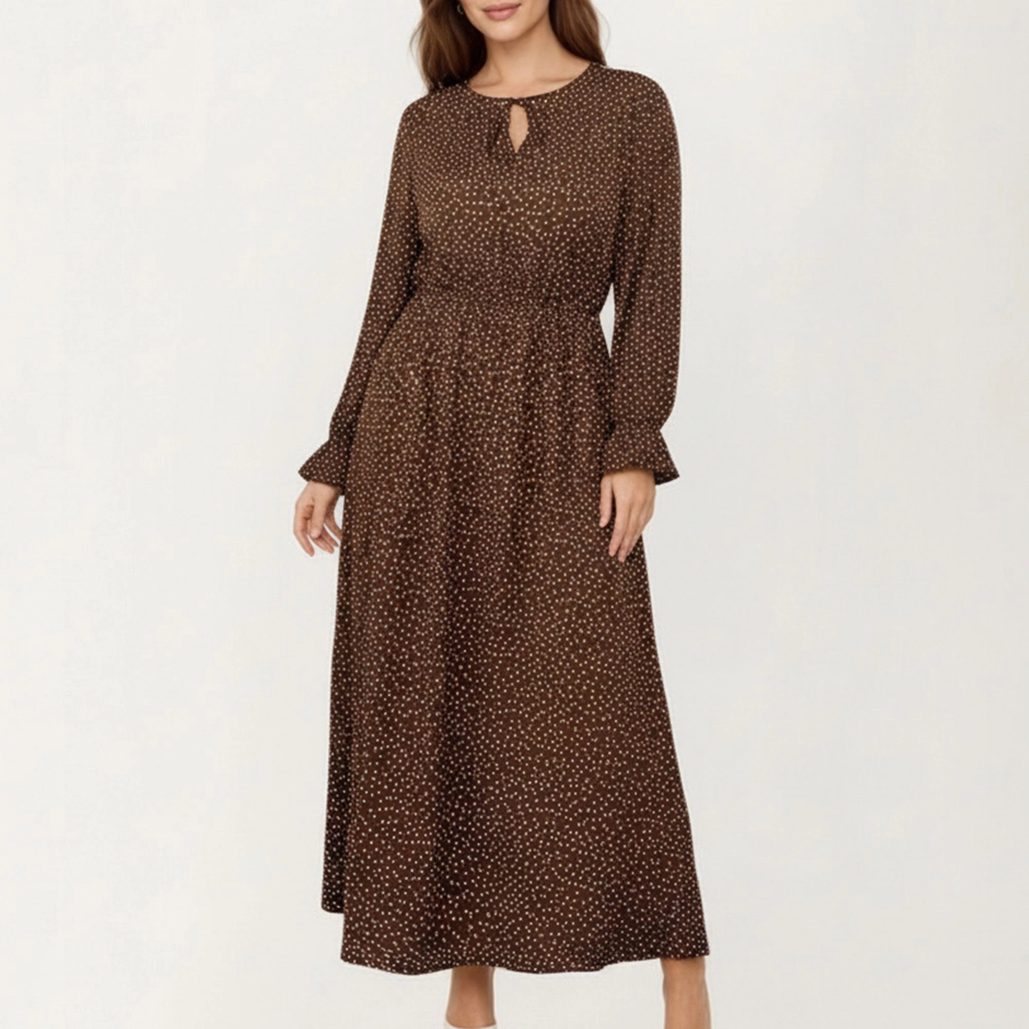 Anna-Kaci Women's Plus Long Sleeve Keyhole Neckline Elastic Waist Flowy A Line Skirt Midi Dress