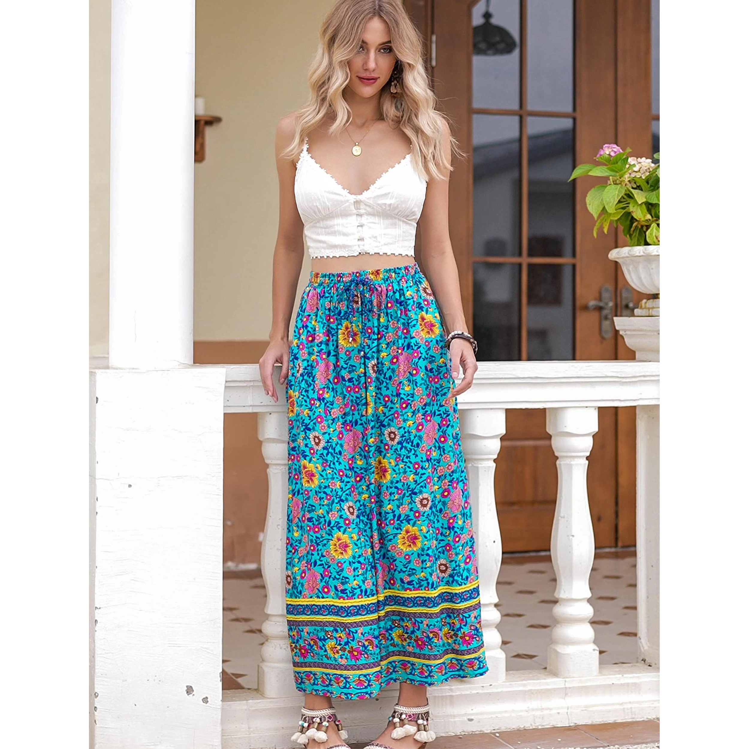 Zeagoo Women's Boho Floral Maxi Skirt Elastic Waist with Pockets