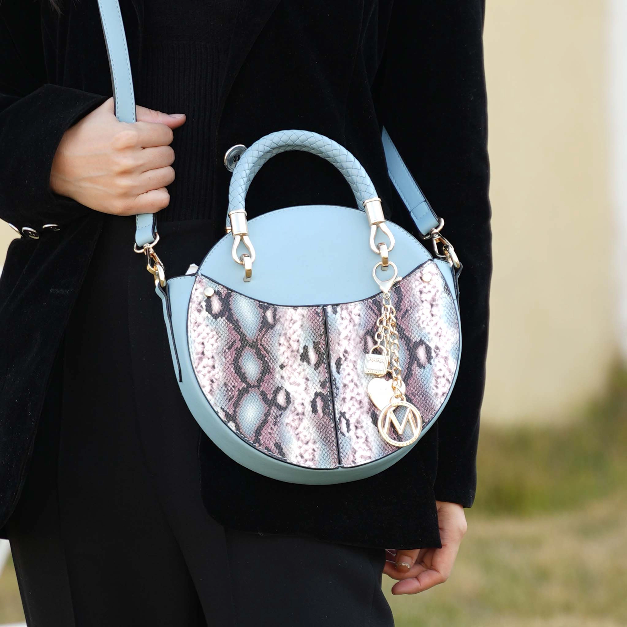 MKF Collection Camille Round Crossbody Bag - Snake Embossed Vegan Leather, Denim