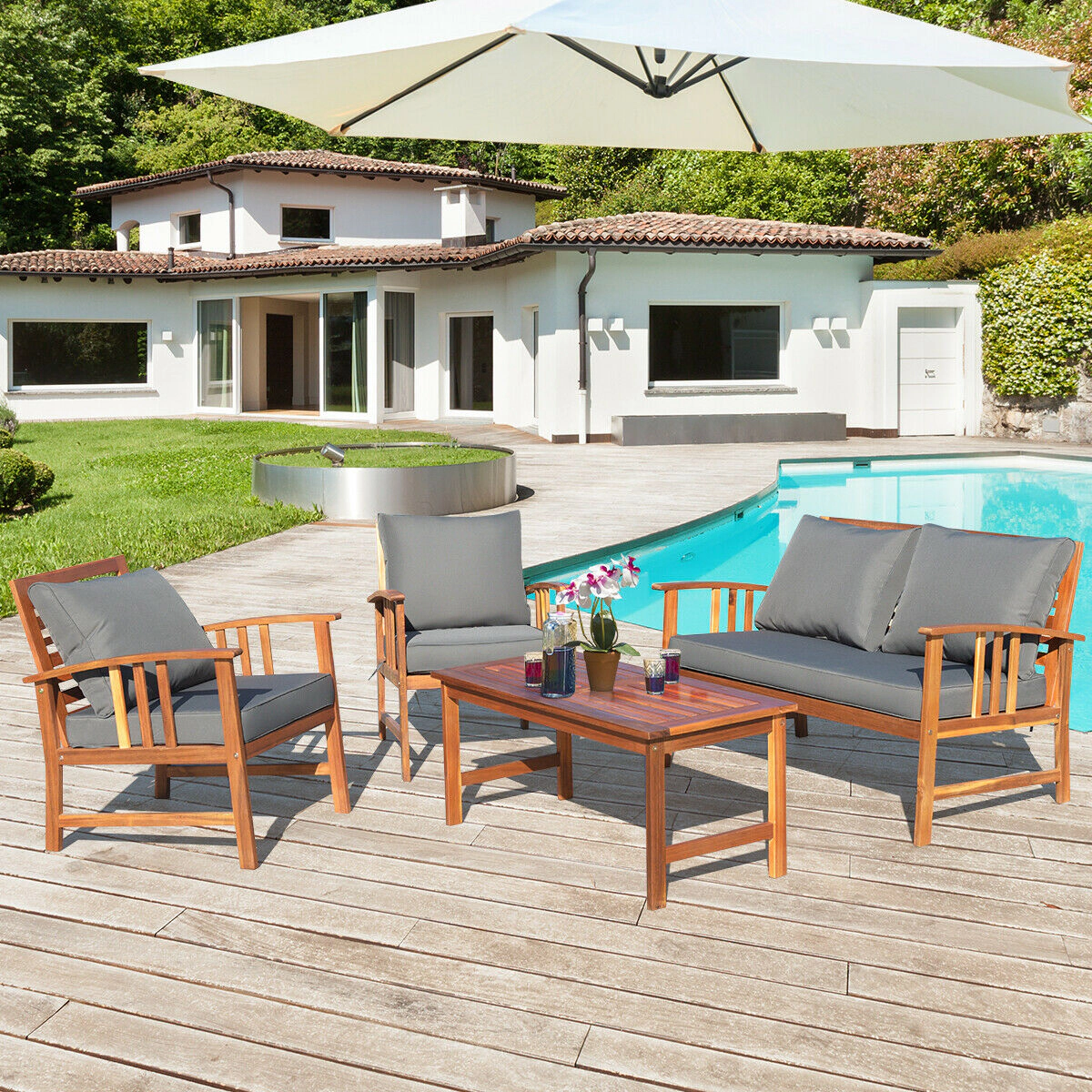 SUGIFT 4-Piece Acacia Wood Patio Furniture Set, Loveseat, 2 Chairs, Table, 7 Cushions