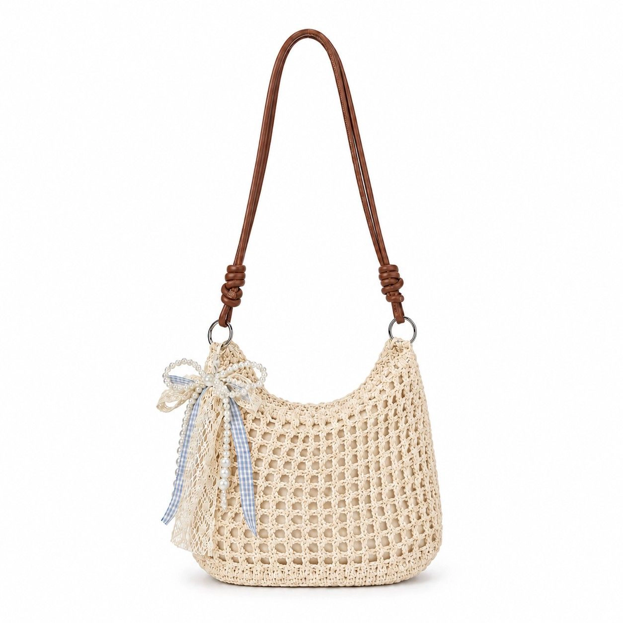 Alilang Women's Decorative Woven Crossbody Bag with Pearl Charm, Scarf Accent and Zip Closure, Khaki