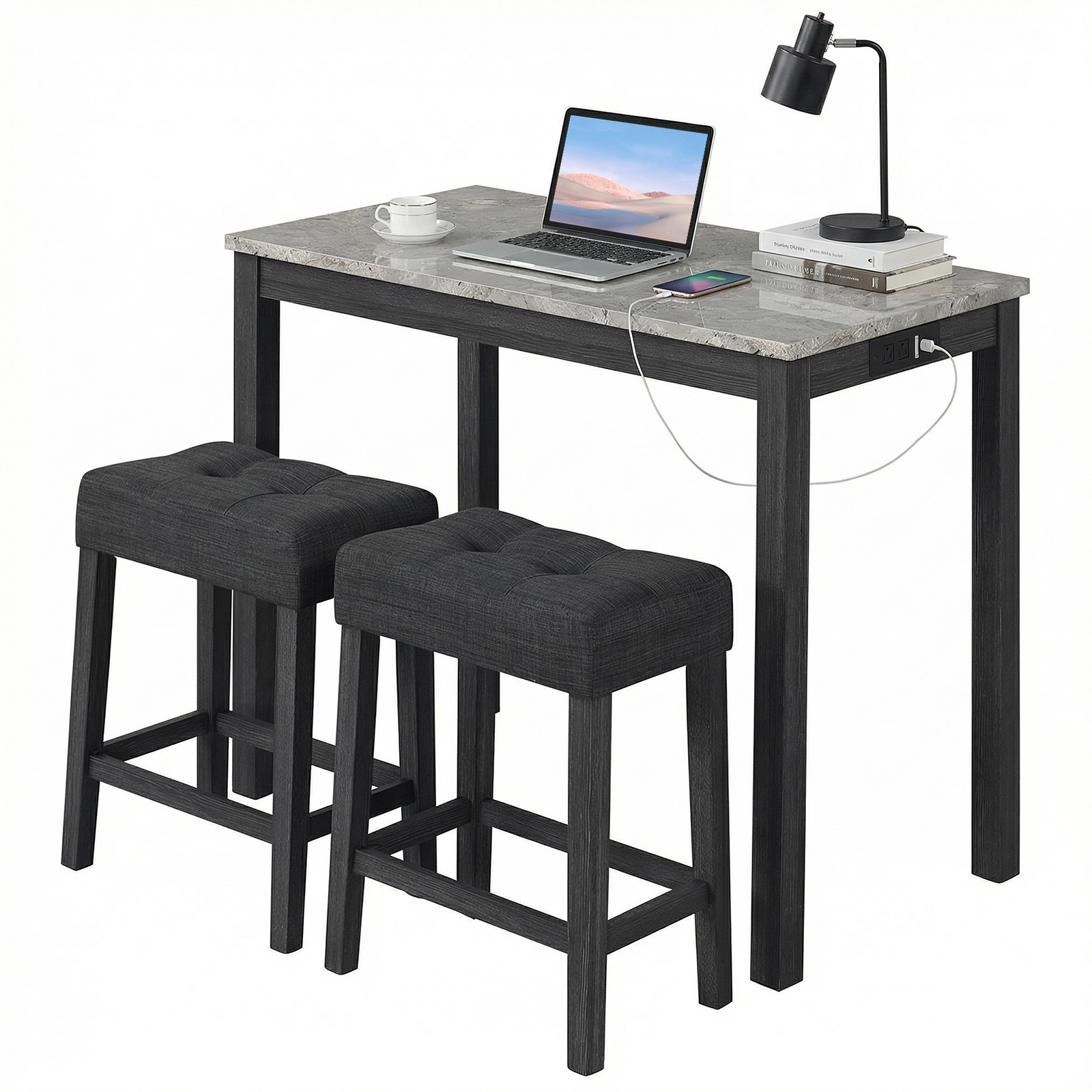 LJG 3-Piece Bar Table Set with Charging Station and Faux Marble Top