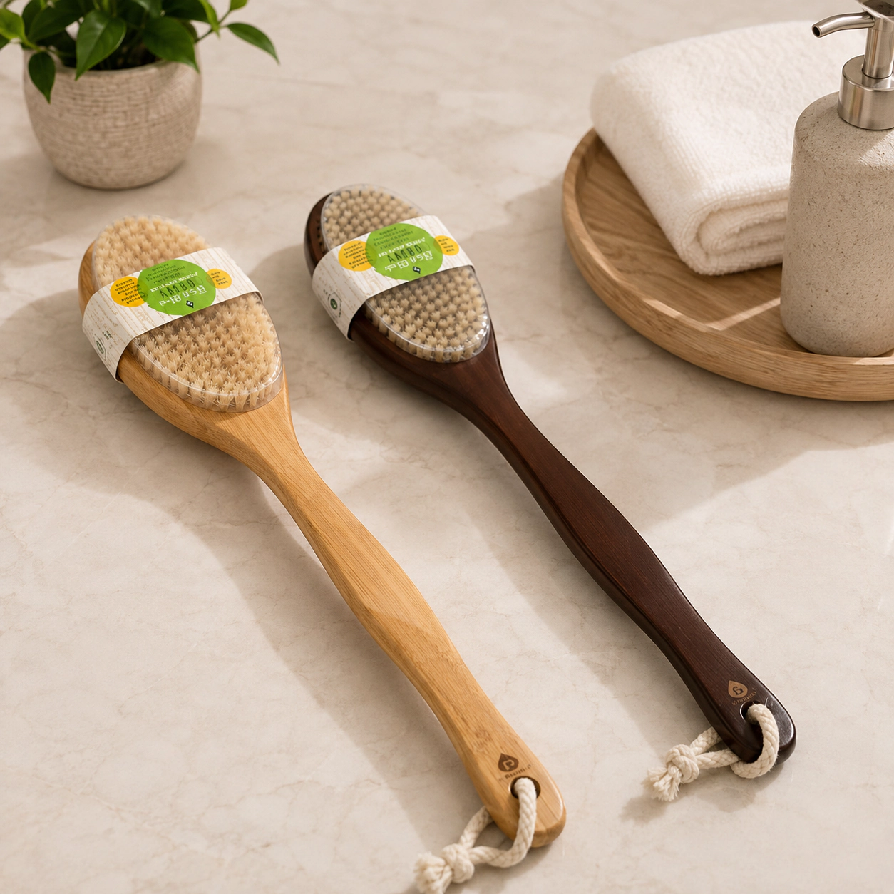 Pursonic Unisex Eco-Friendly Bamboo Bath Body Brush 4-Piece Family Pack with Long Handle