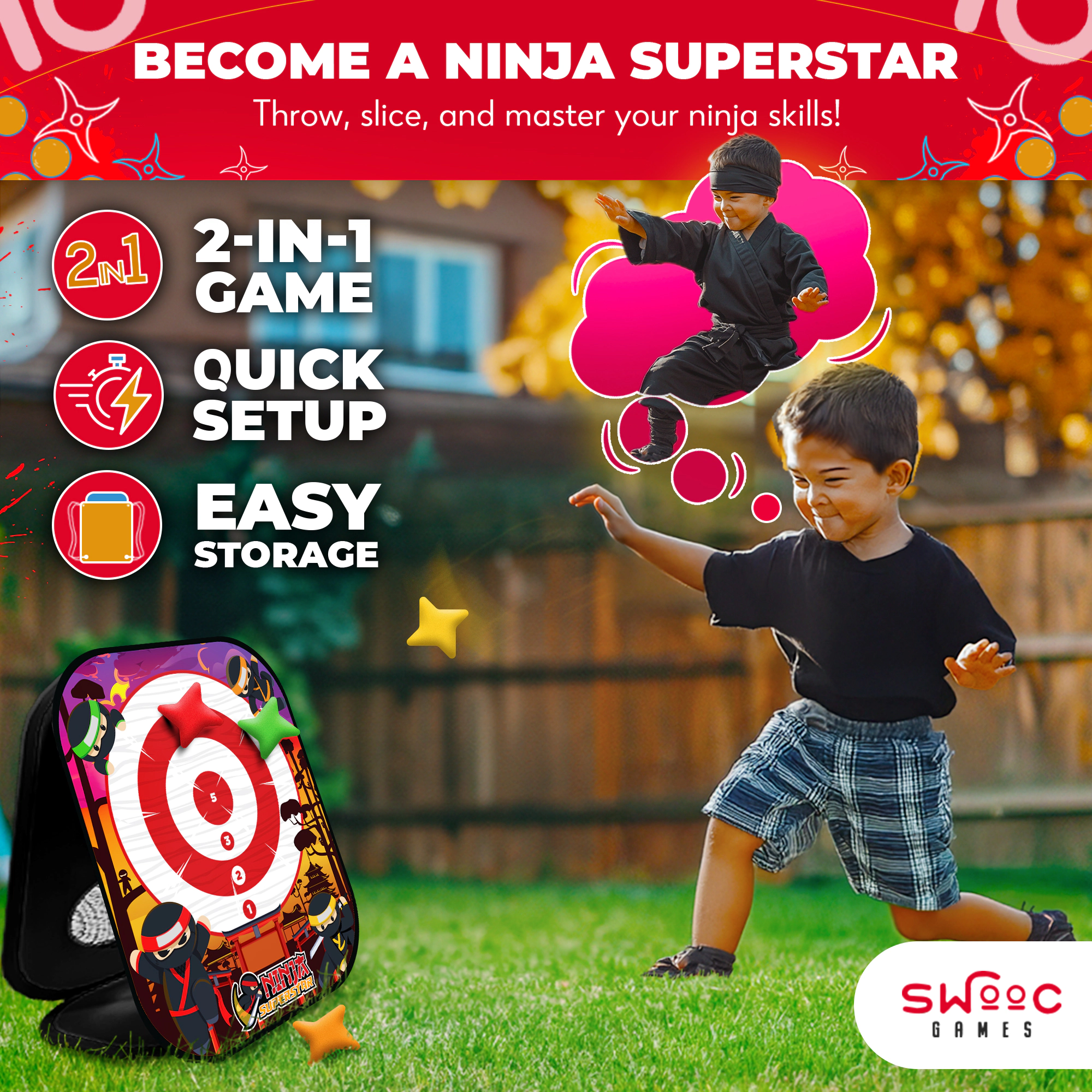 Swooc Games | Ninja Superstar™ | 2-in-1 Corn Hole Games for Kids