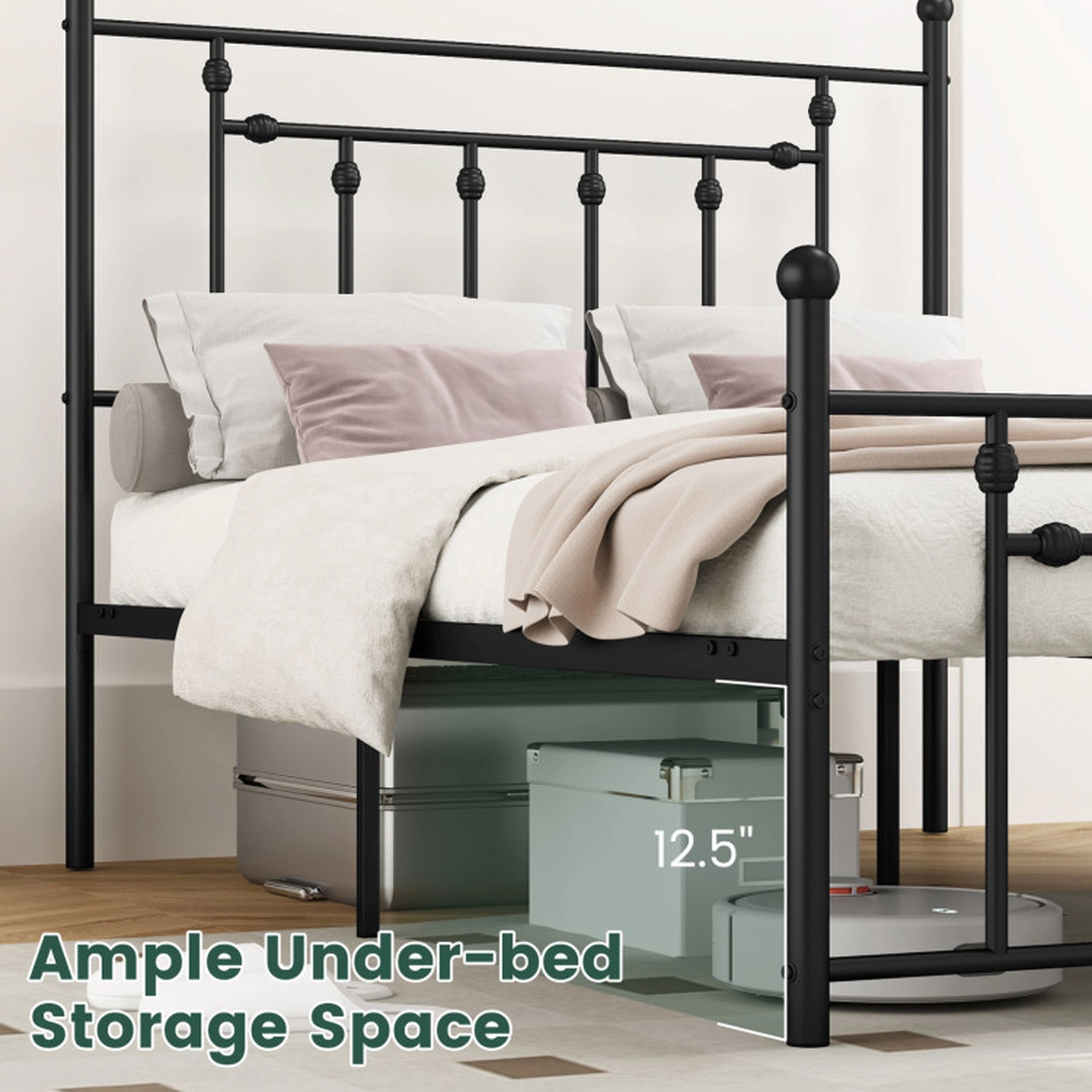 SUGIFT Twin Size 660-lb Bed Capacity Heavy Duty Metal Bed Frame with Headboard and Slat Support 50-in H Black