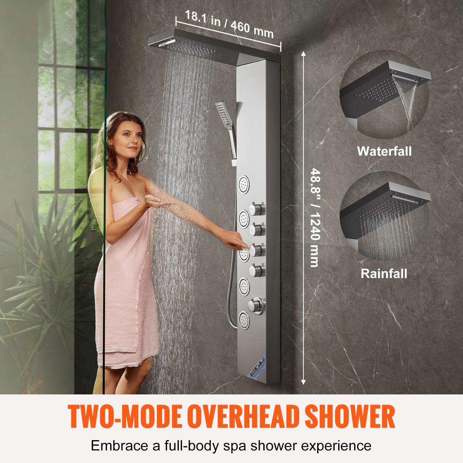 HONGGE 4-Function Shower Tower Panel, Rainfall, Waterfall & 5 Body Massage Jets