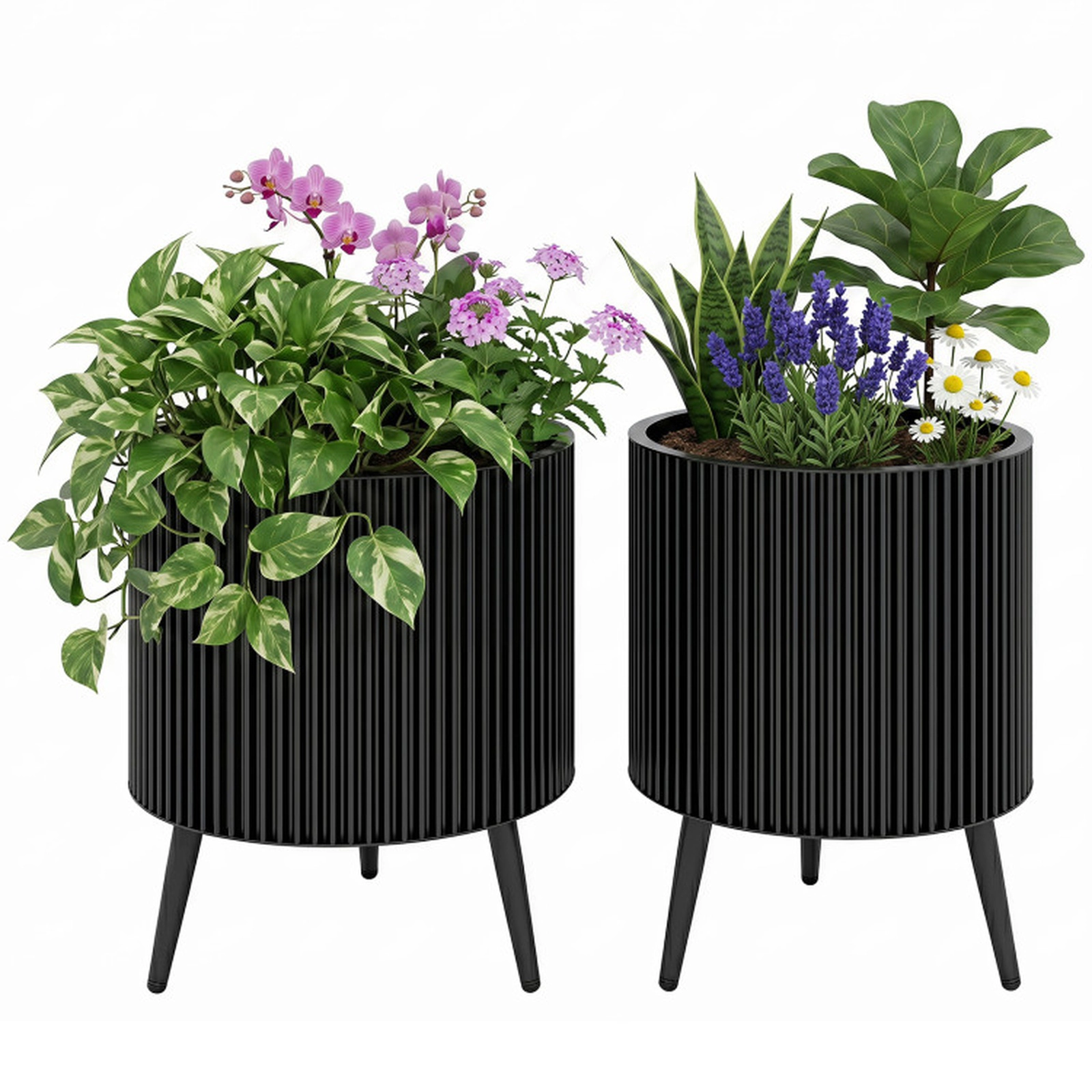 SUGIFT Set of 2 Black Fluted Metal Flower Pots with Stands 14-in Dia and 12-in Dia 21.5-in H 110-lb Pot Capacity
