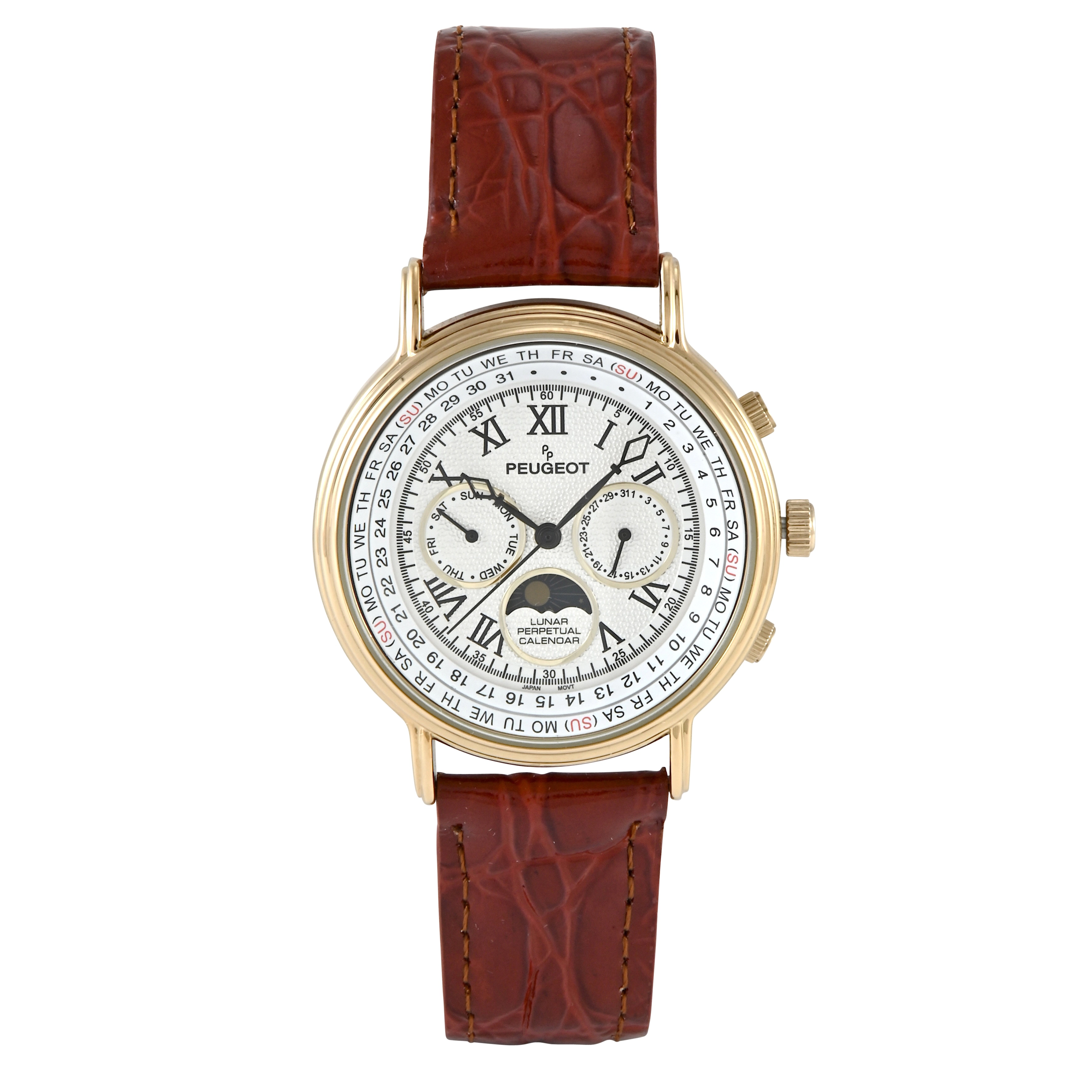 Peugeot Men's Vintage Multi-Function Moon Phase Watch with Perpetual Calendar and Brown Leather Band