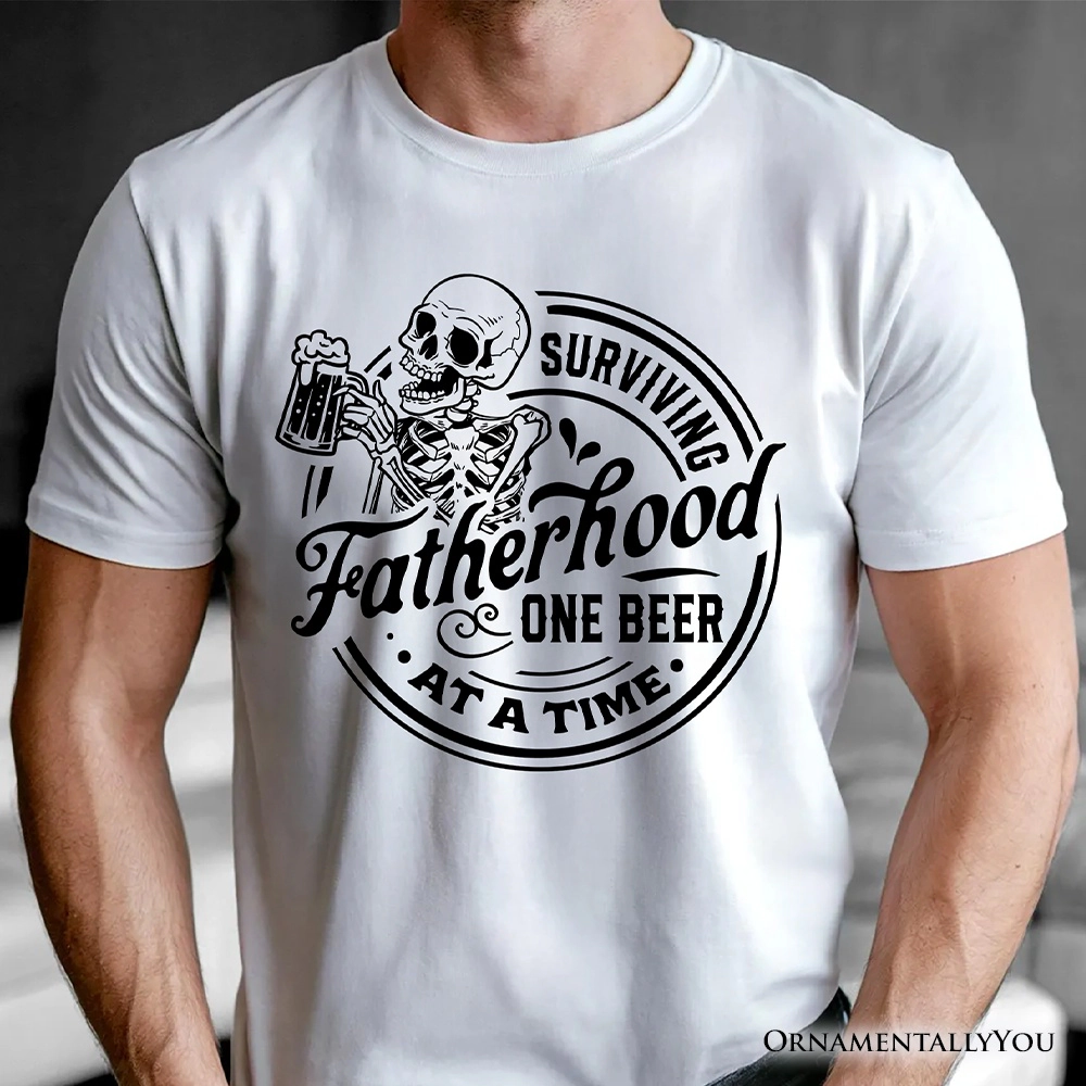 OrnamentallyYou Mens Surviving Fatherhood Skeleton Beer T-Shirt
