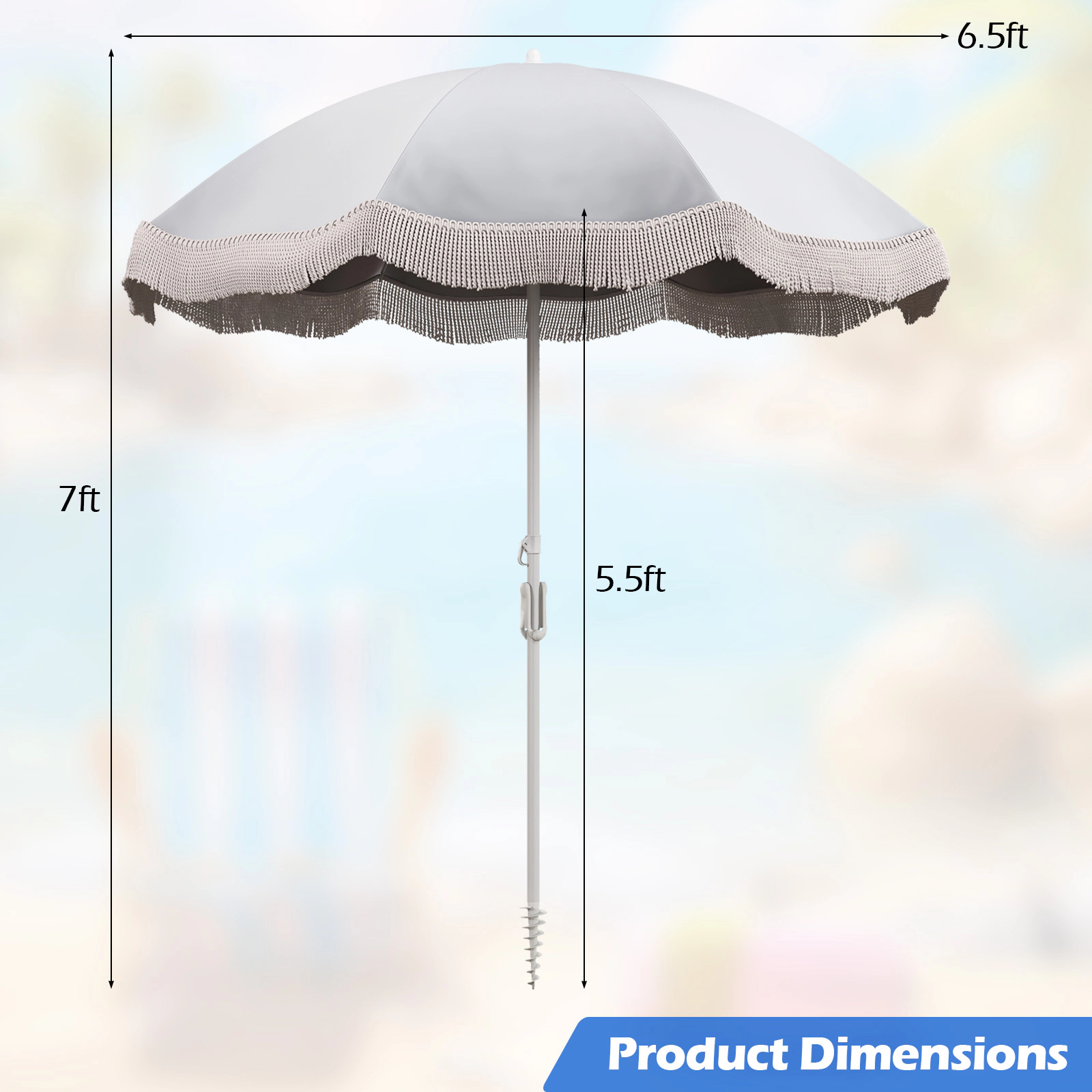 SUGIFT Cream White Fringe Trim and Push Button Tilt UPF 50+ 6.5 ft Beach Umbrella