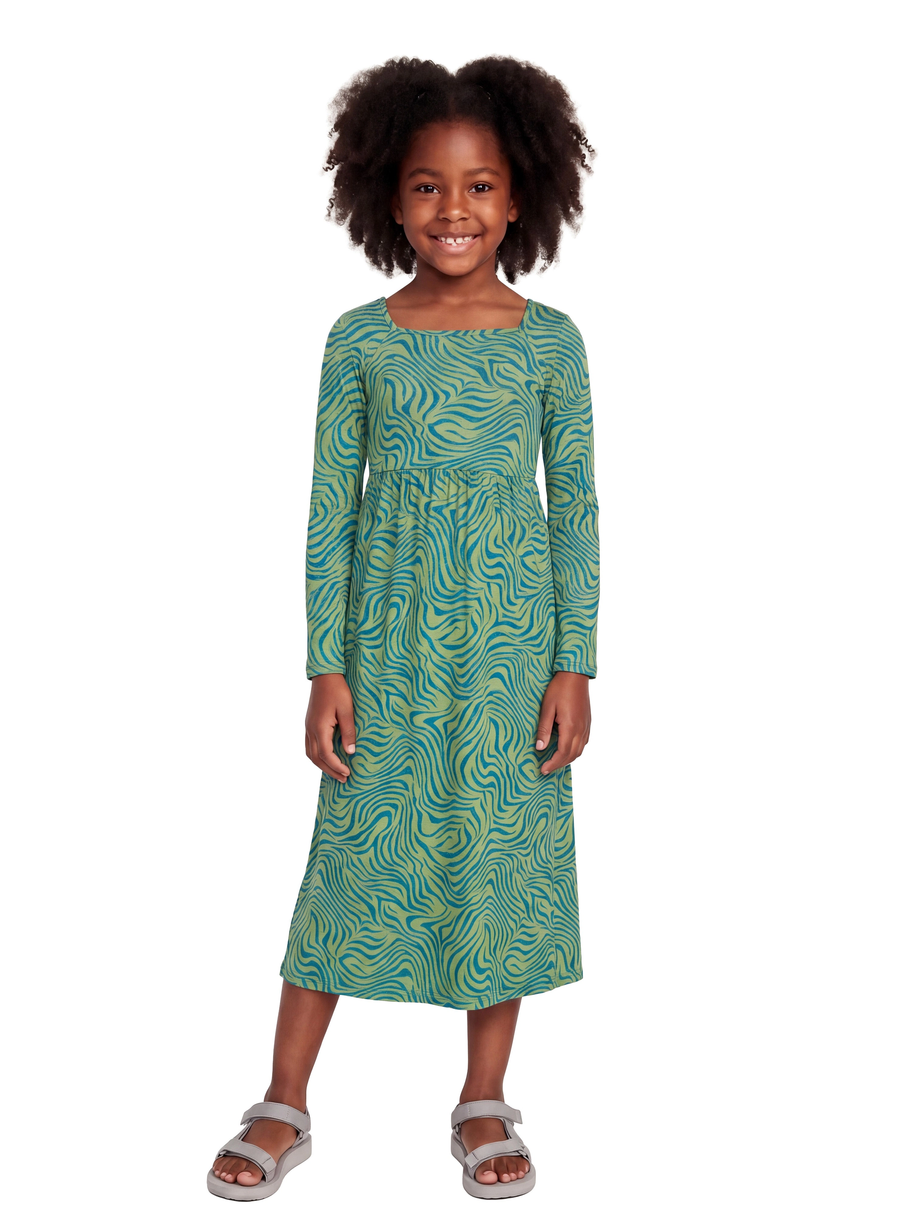 24sevenKid Green Print Girls Long Sleeve Maxi Dress