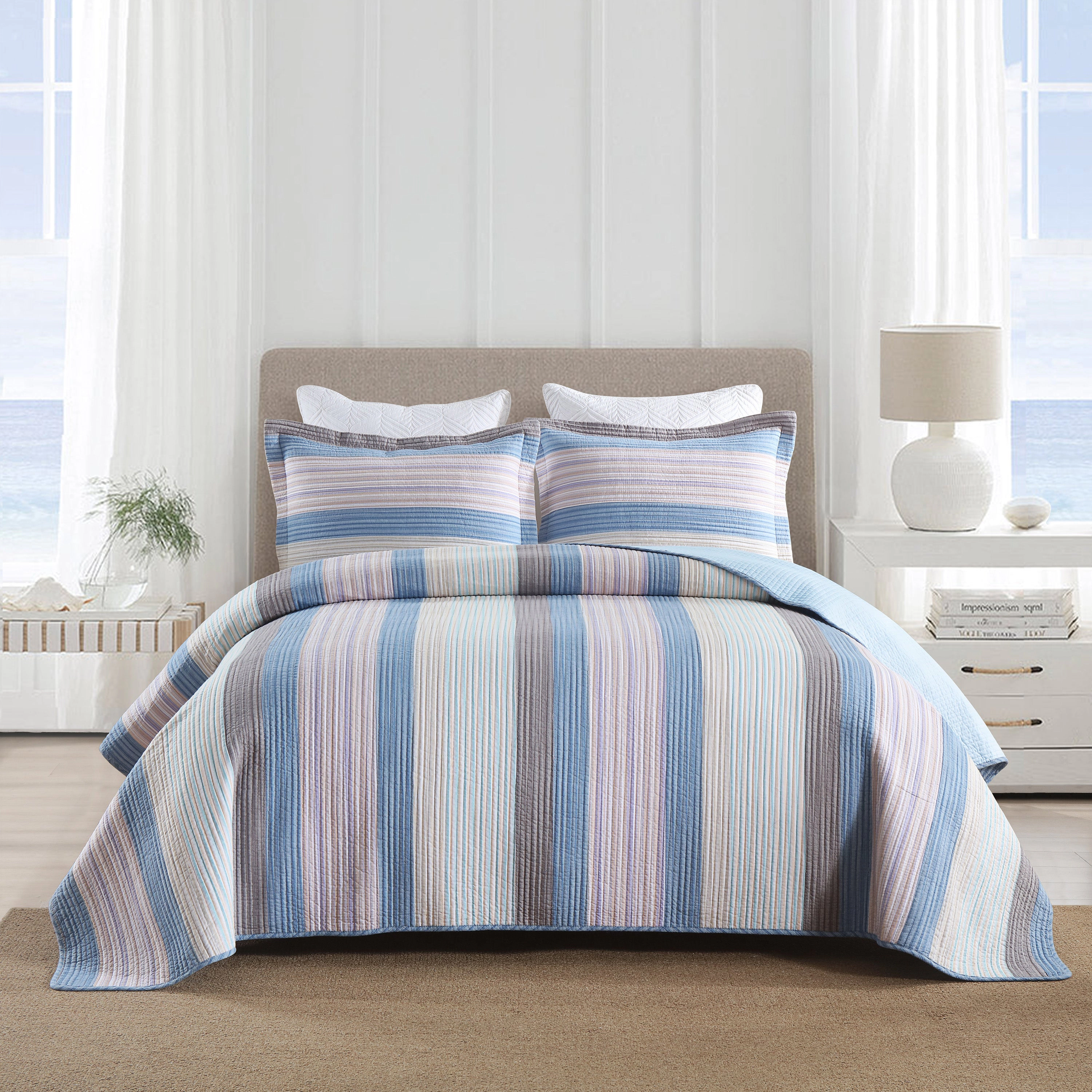 MarCielo 3 Pieces 100% Cotton Striped Quilt Bedspread Set-Soft Lightweight Bedding
