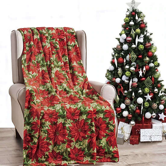 Plazatex Christmas plush Decorative Poinsettia Machine Washable Throw 50" x 60" Red