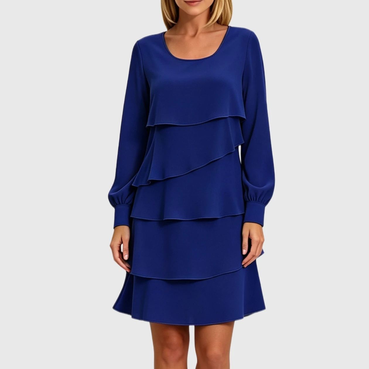 YesFashion Womens Chiffon Midi Dress Long Sleeve Crewneck Layered Tiered Shift Party Wedding Outfits