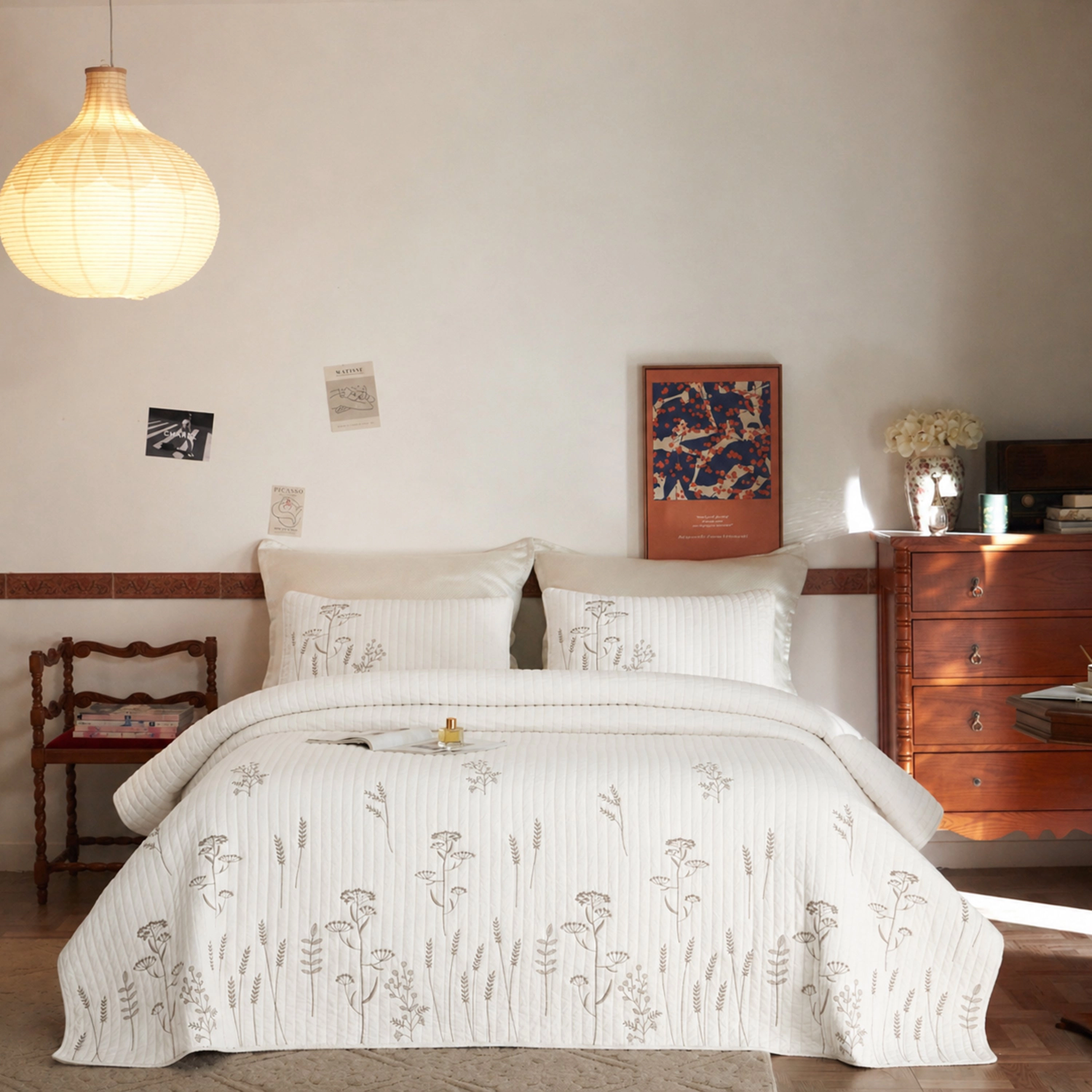 MarCielo 3 Piece 100% Cotton Floral Embroidered Quilt Bedspread Set