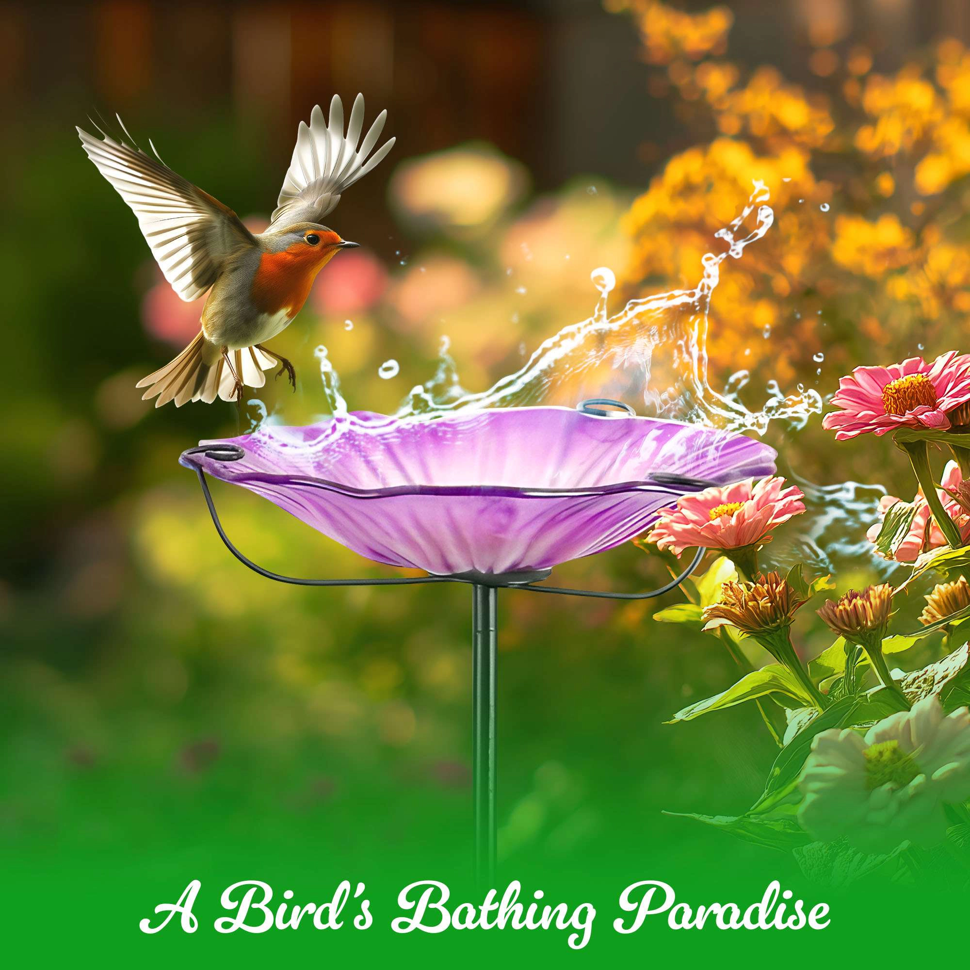 G128 29 Inch Glass Bird Bath with Metal Stake - Purple Flower Outdoor Garden Feeder