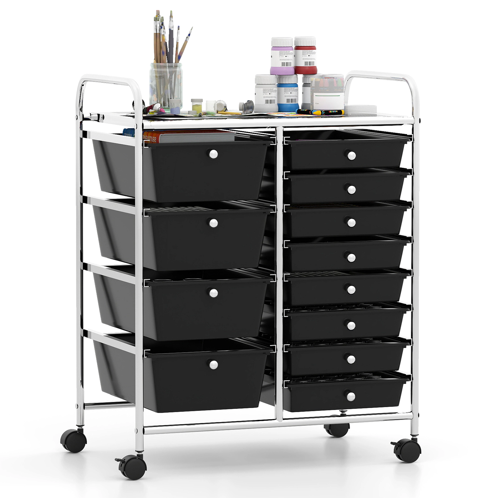 SUGIFT Black 12-Drawer Rolling Utility Cart with Punched Top Lockable Swivel Casters and Removable Drawers