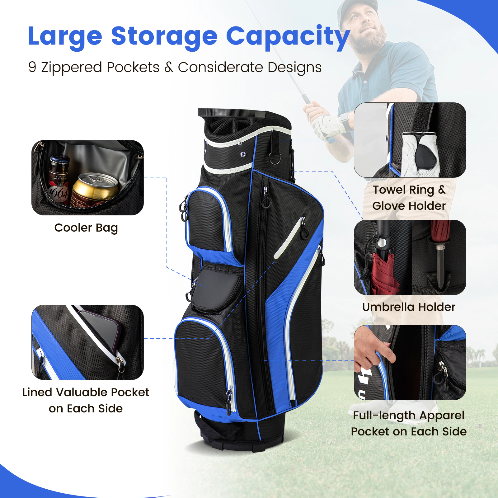 SUGIFT 14-Way Divider Golf Cart Bag with 9-in Base 36-in Tall Polyester 4.5-lb Net Weight Blue/Gray/Red