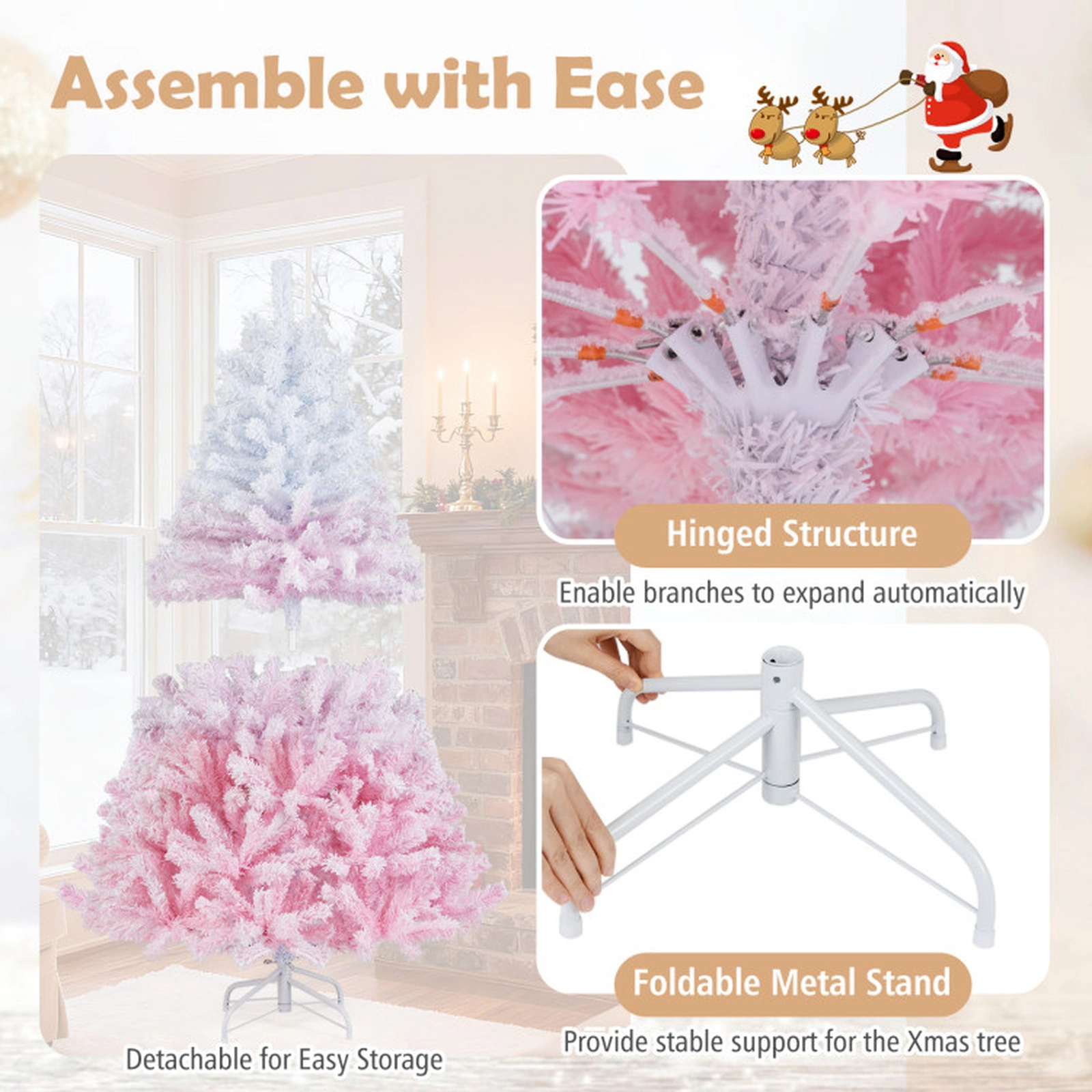 SUGIFT 5-ft Pre-Lit Gradient Snow Flocked Christmas Tree with 180 Warm White LED Lights and 456 Branch Tips Pink