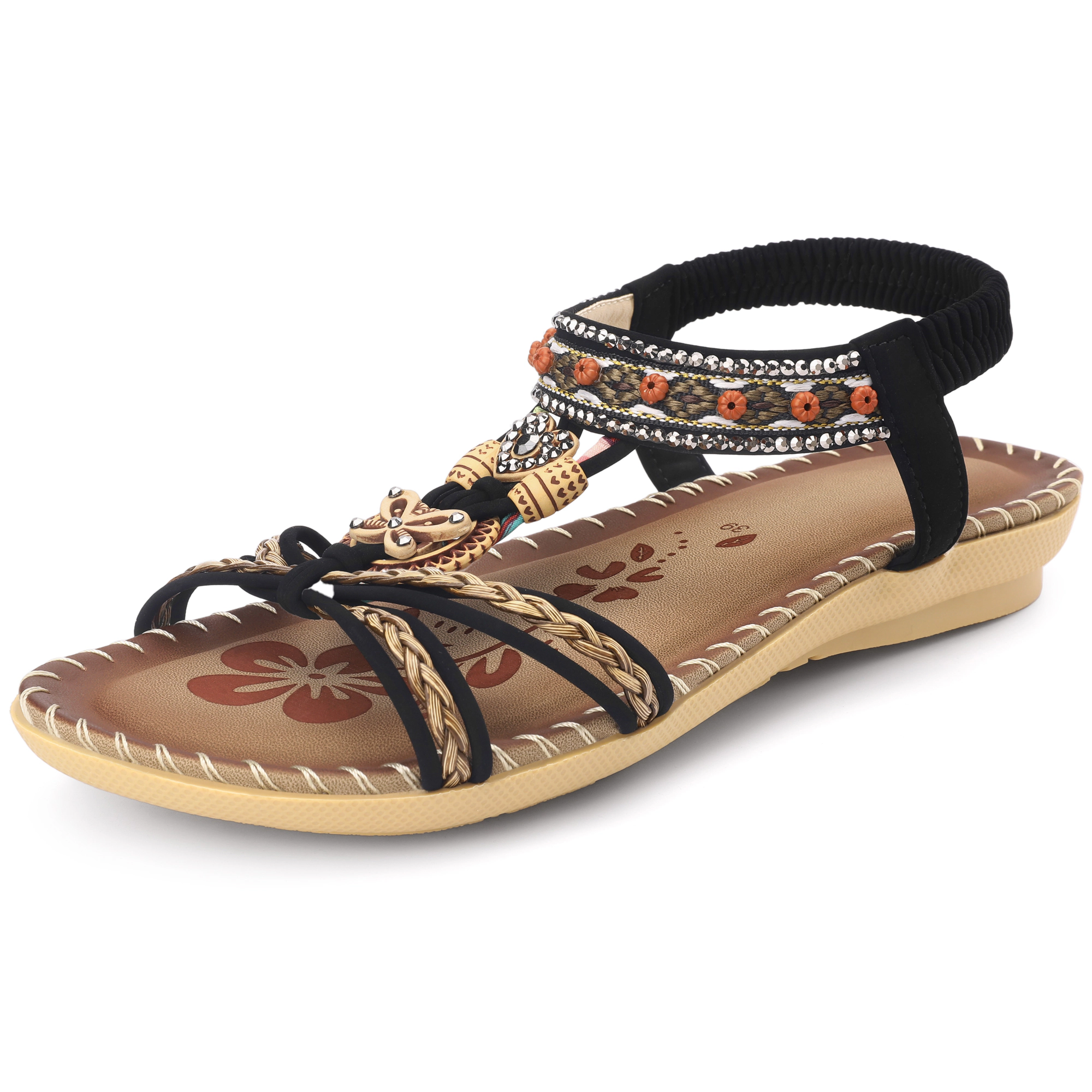 BLISSFUL STEP Women Bohemian Rhinestone Knot Flat Ankle Elastic Sandals