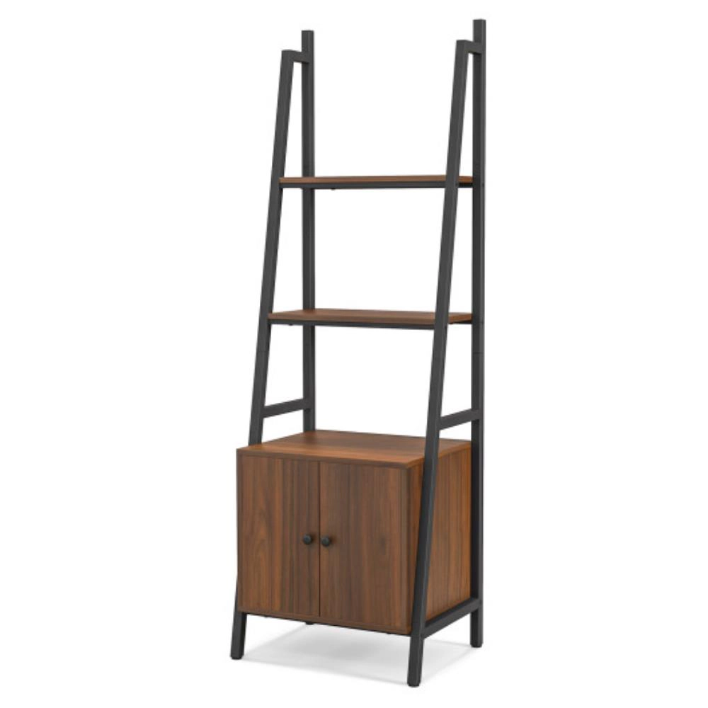 Hivvago 4-Tier Ladder Shelf with Cabinet and Metal Frame-Rustic Brown