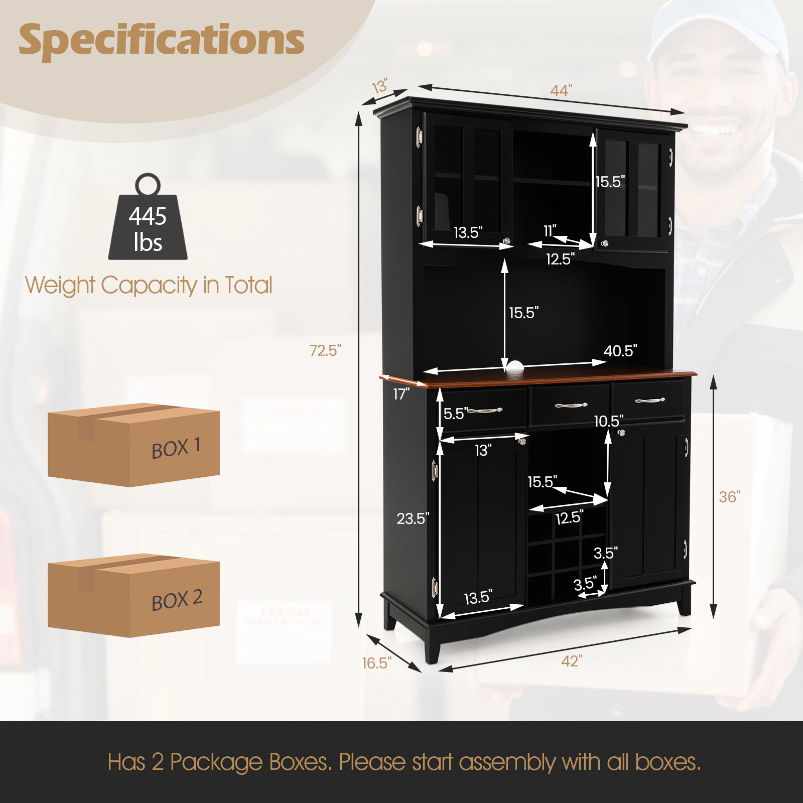 SUGIFT 72.5-in Tall 445-lb Capacity Black Storage Cabinet Hutch with 9-Bottle Wine Rack Glass Doors and 3 Drawers
