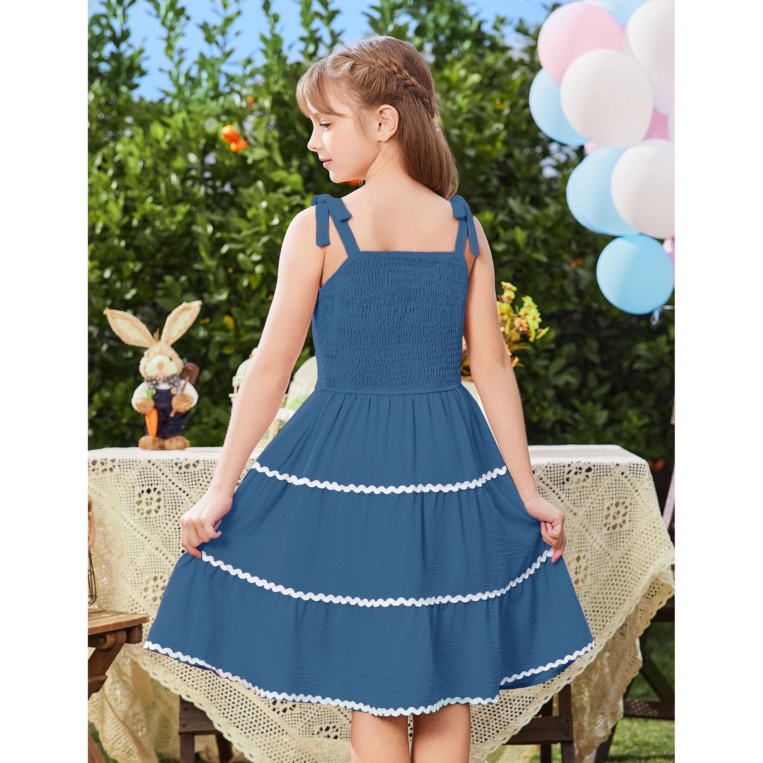 Arshiner Girls Summer Sleeveless Bowtie Straps Sundress Flowy Smocked Backless Tiered Lace Swing