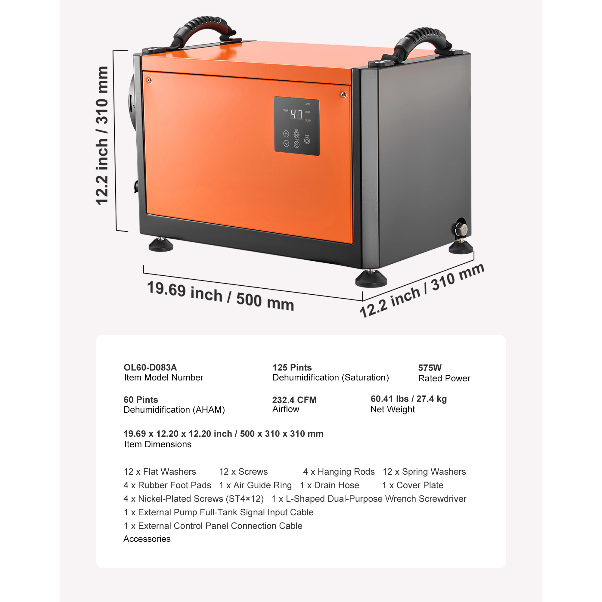 HONGGE Commercial Dehumidifier with Drain Hose Portable Crawl Space Dehumidifiers for Basement Storage Room Industrial