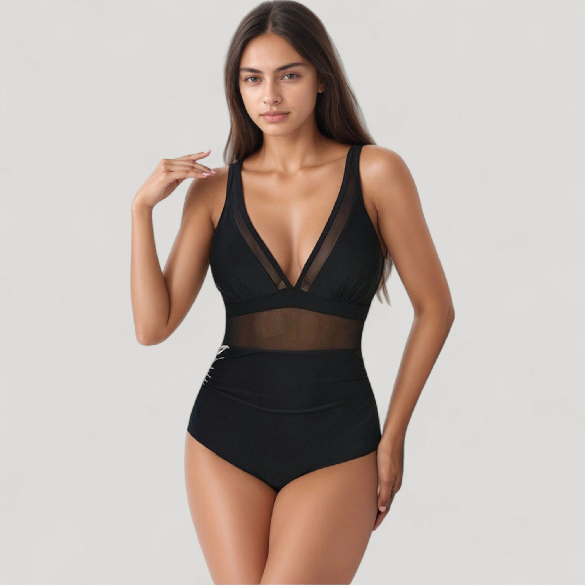 Anna-Kaci Women Deep V Mesh Panel One Piece Swimsuit, Sheer Waist, Adjustable Straps