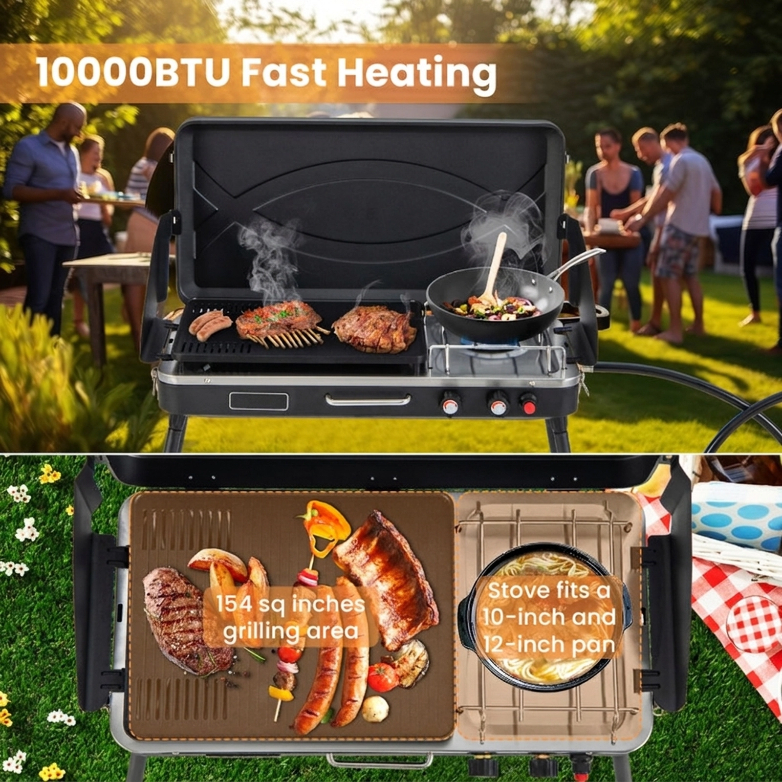 SUGIFT 2-in-1 Gas Camping Grill and Stove with Dual Burners and Detachable Legs Black