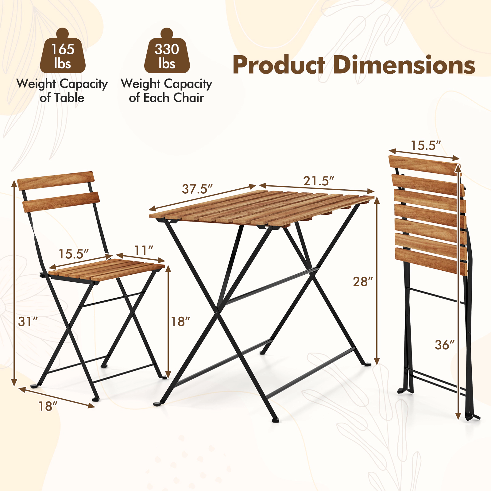 LJG 5 Piece Patio Acacia Wood Dining Set with 4 Folding Chairs