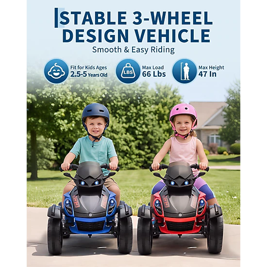 Enjyam 12V Kids Ride-On ATV, 3-Wheeler Electric Motorcycle, LED Lights, Music, Treaded Tires, 66Lbs