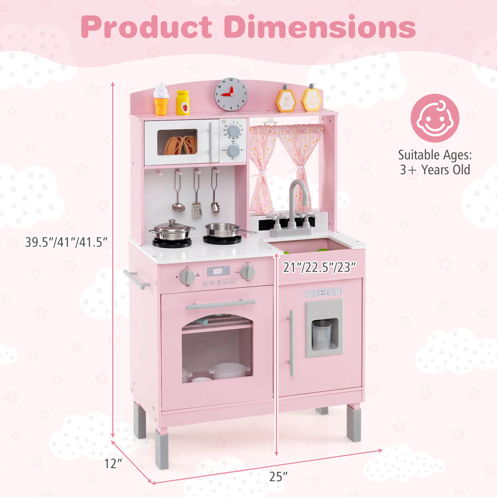 Costway Play Kitchen with 3 Adjustable Heights, Microwave, Stoves, Sink, Oven, Ice Maker White