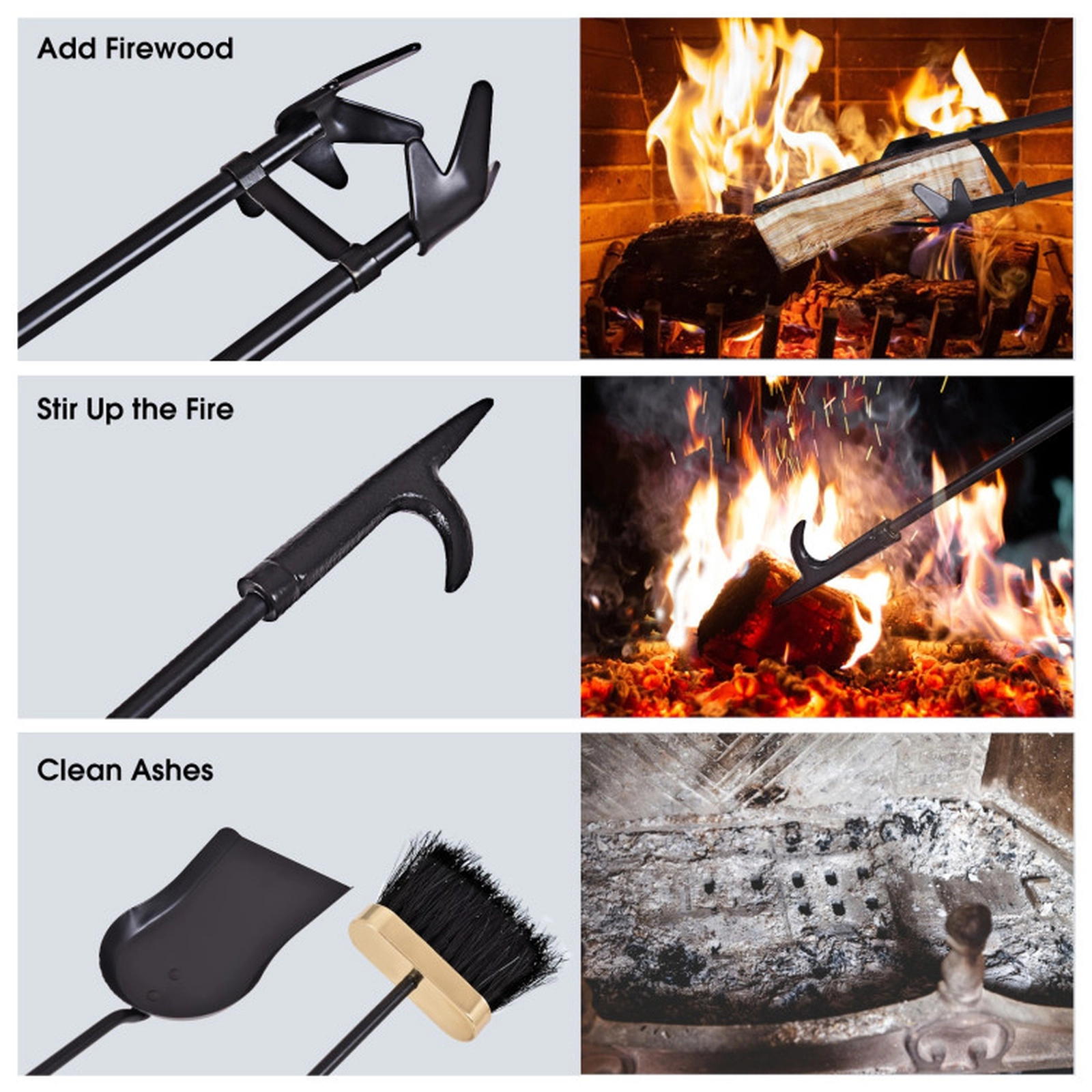 SUGIFT 5-Piece Gold and Black Iron Fireplace Tool Set with 25-Inch Loop-Top Stand