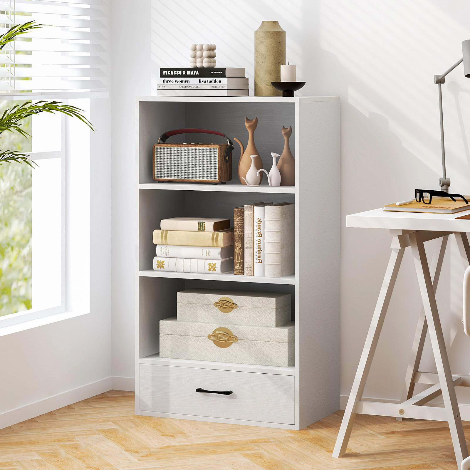 SUGIFT 4-Tier White Wood Bookshelf with Drawer 3 Open Shelves and 88-lb Top for Living Room and Office
