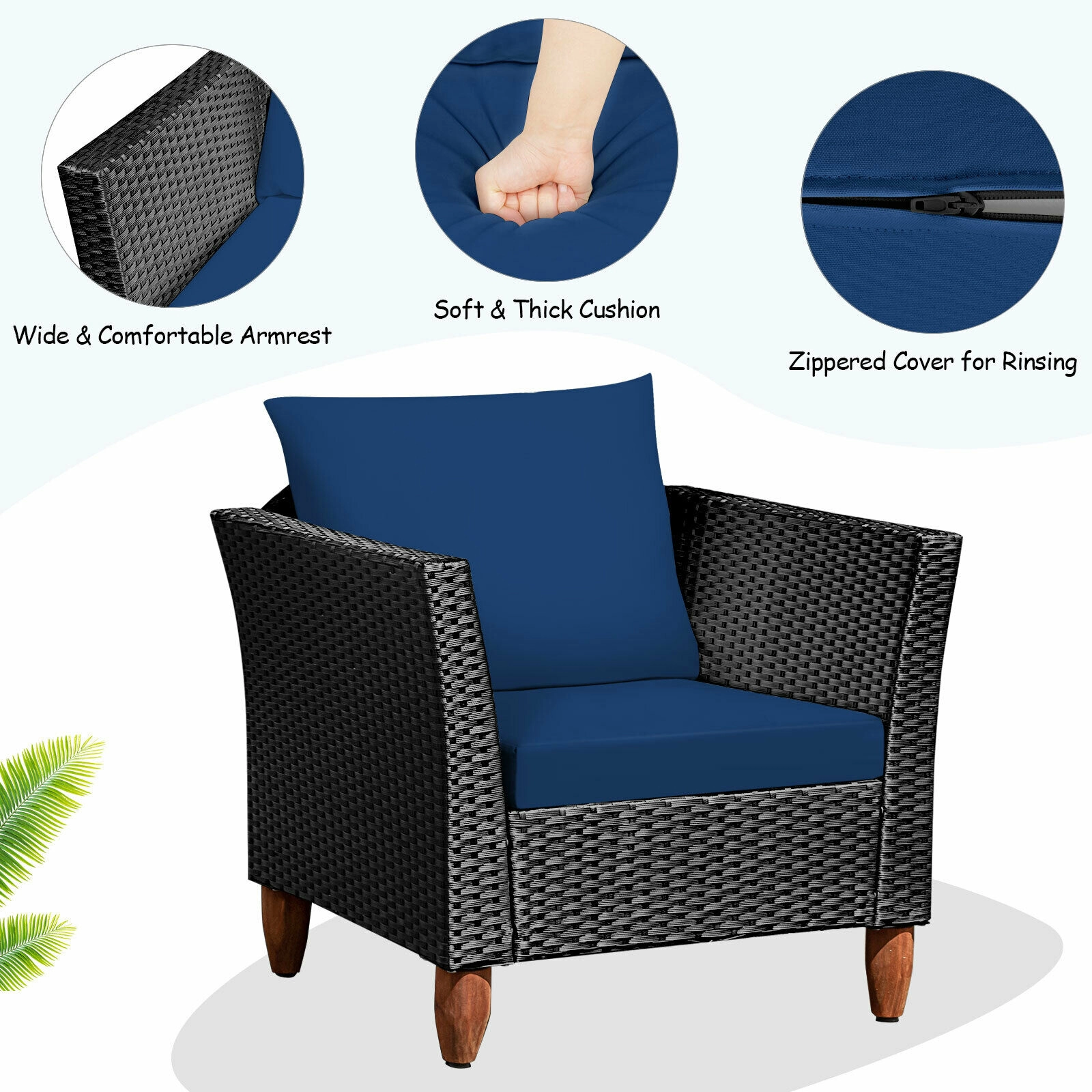 SUGIFT Outdoor Rattan Conversation Set with Acacia Wood Table 400-Lb Chair Capacity Navy