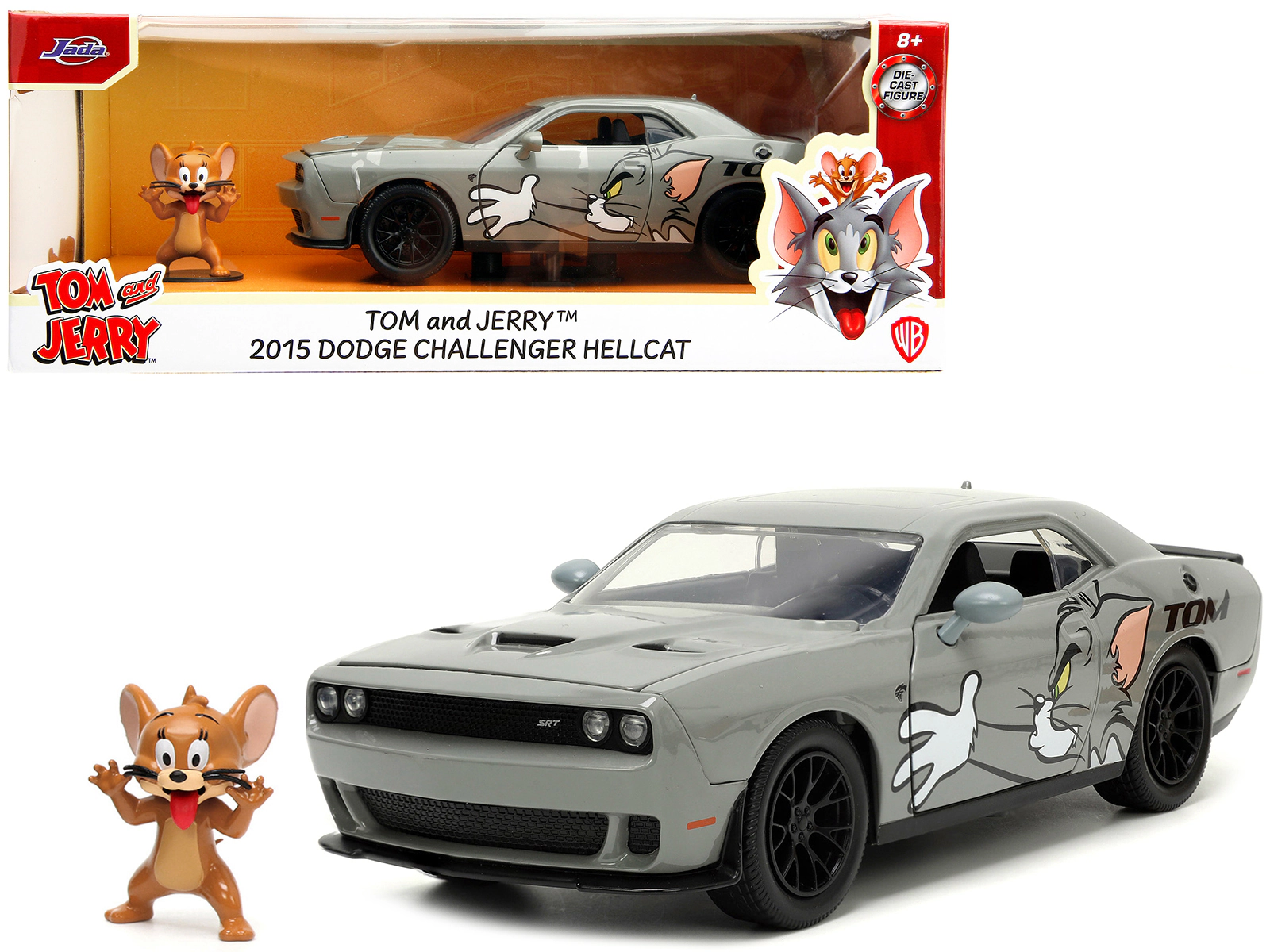 Jada 2015 Dodge Challenger Hellcat Gray with "Tom" Graphics and Jerry Diecast Figure "Tom and Jerry"