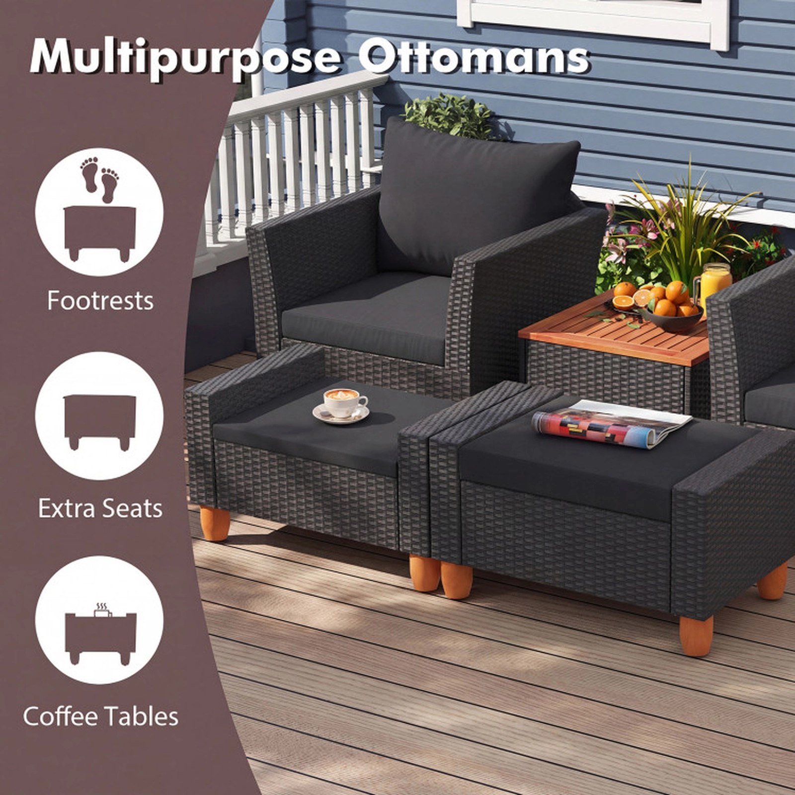 SUGIFT 5-Piece Black Patio Rattan Sofa Set with Storage Table and 2 Ottomans 15.5-in Seat H 400-lb Chair Capacity
