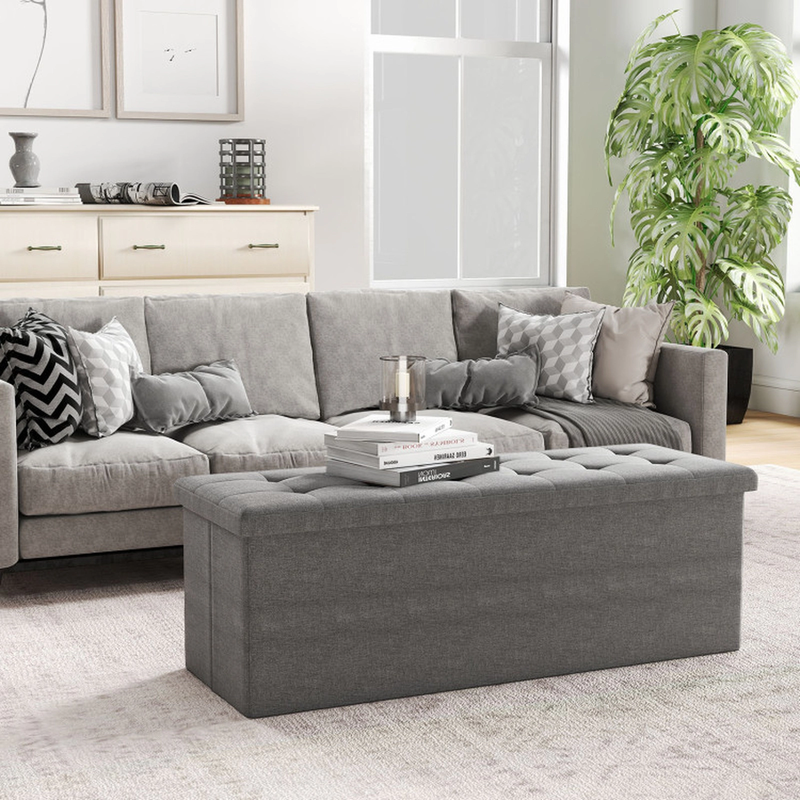 SUGIFT Folding Storage Ottoman Bench Padded Seat 660-lb Capacity End of Bed Bench with Storage Compartments Dark Gray