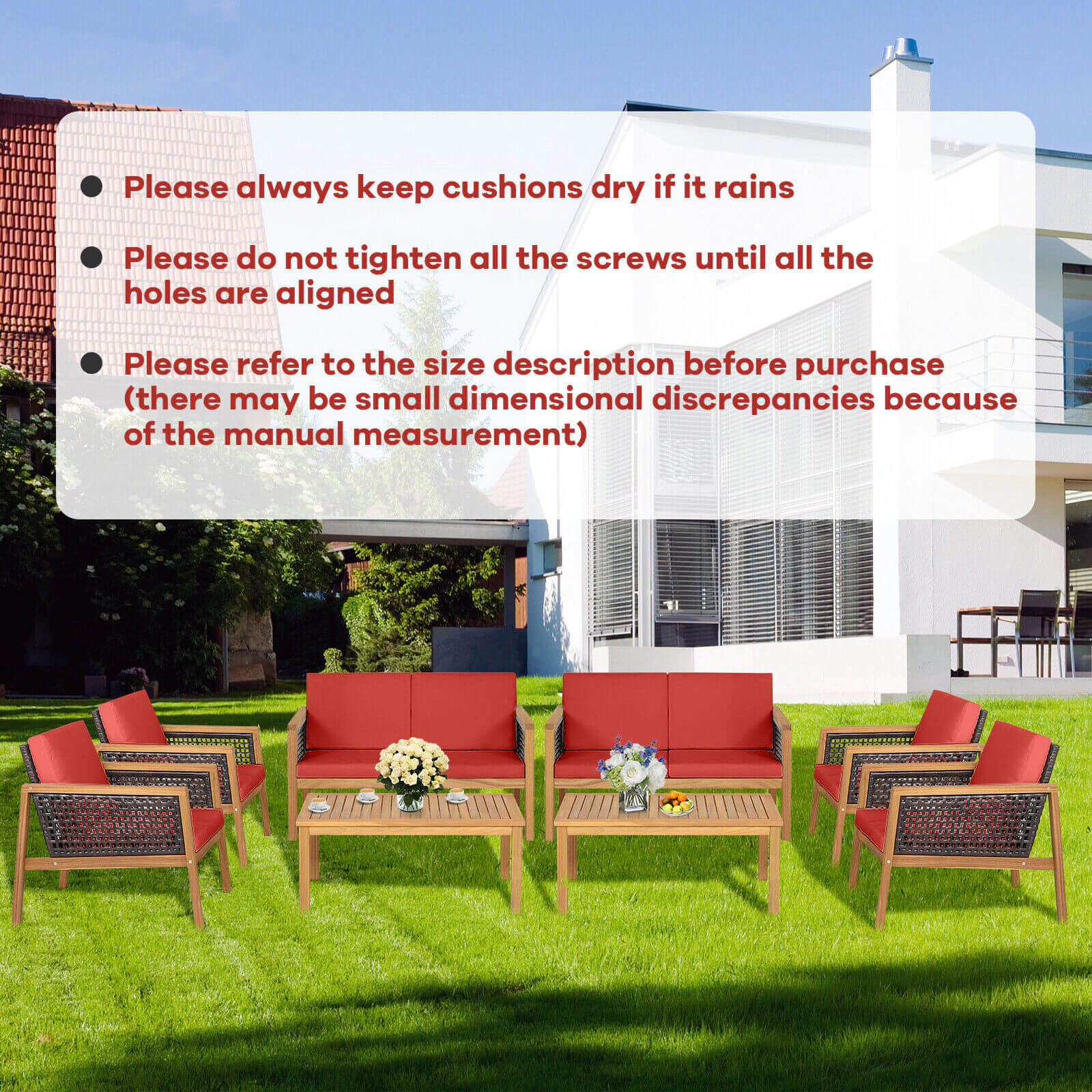 SUGIFT 4-Piece Red Rattan Patio Furniture Set with Acacia Loveseat, 2 Chairs and Table