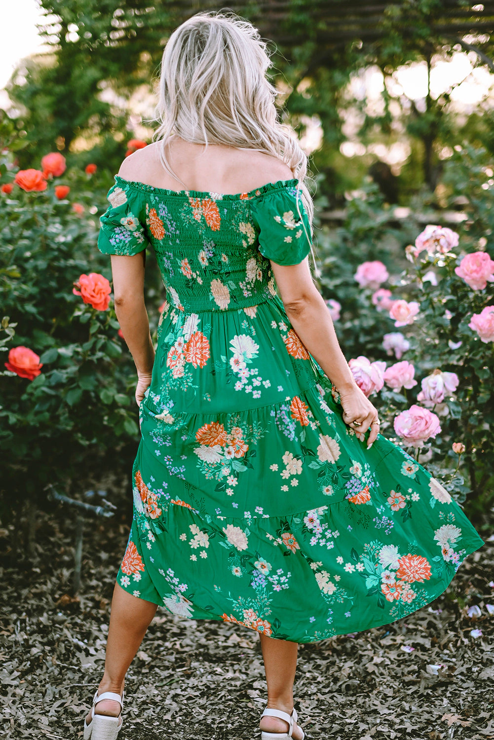 Threaded Pear Women's Kailany Floral Bubble Sleeve Smocked Tiered Midi Dress