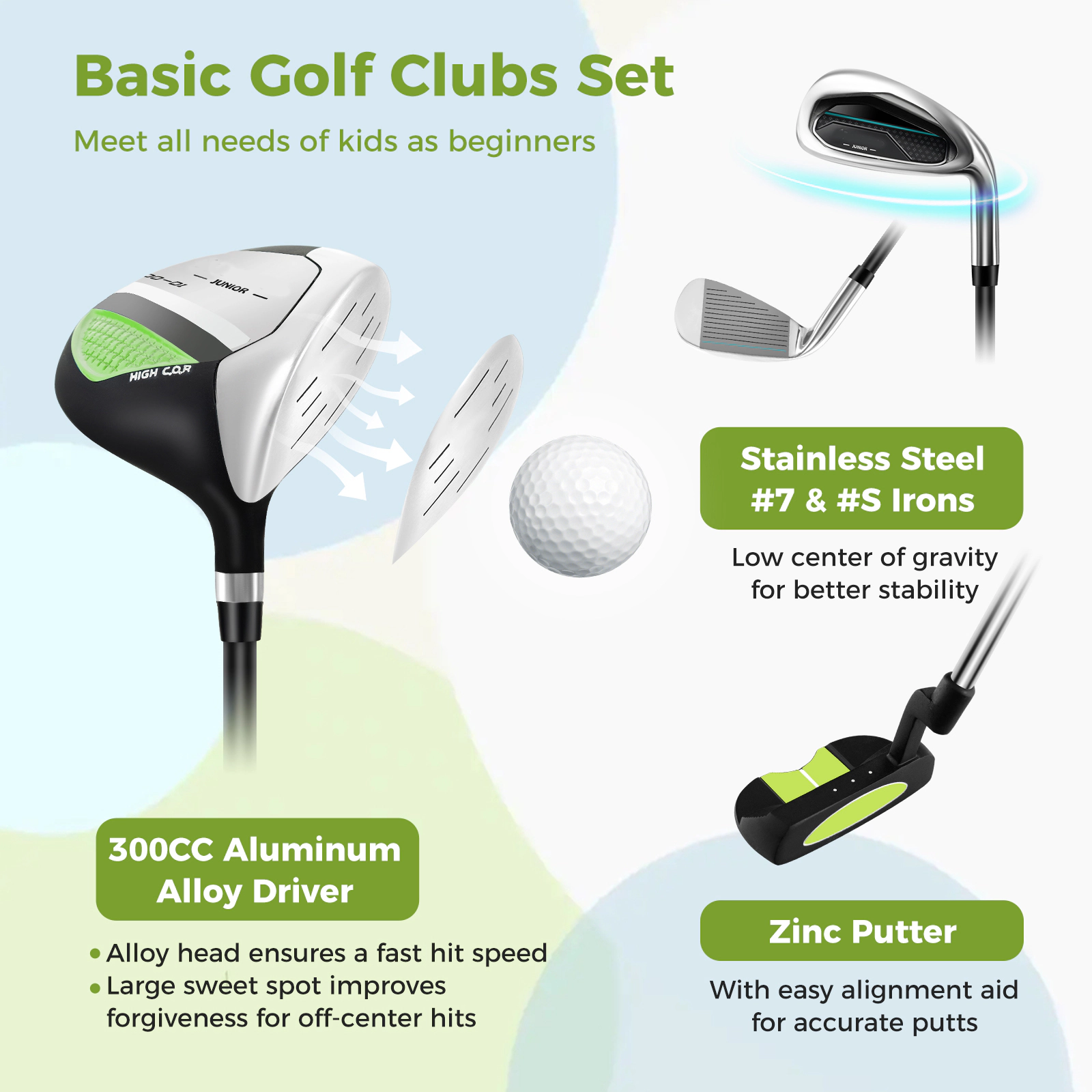 SUGIFT Kids Junior Complete Golf Club Set Stand Bag Rain Hood 4-Way Divider 26-in Bag Ages 8-10 Years Green