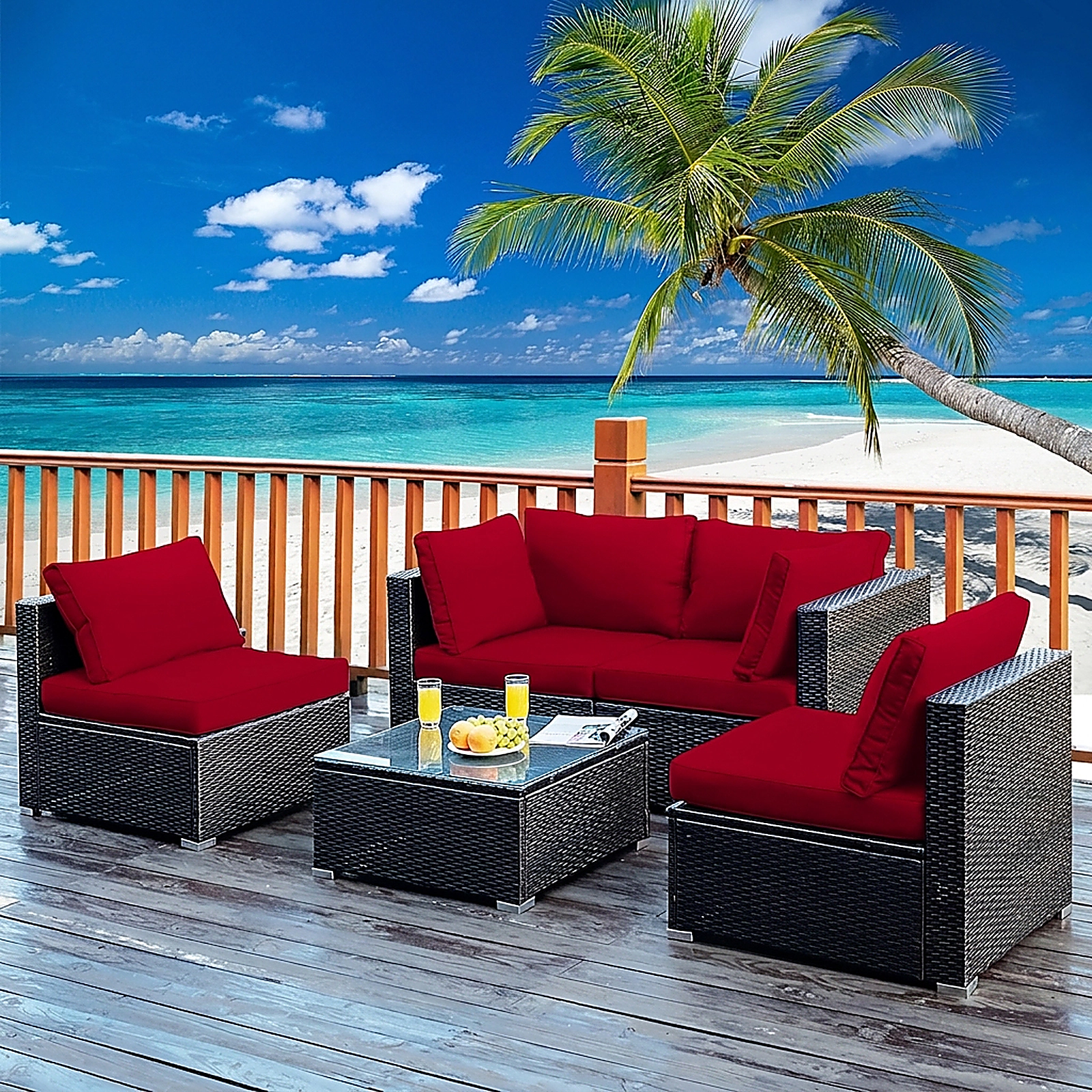 SUGIFT 5-Piece Red PE Rattan Patio Sectional Set with Glass Table